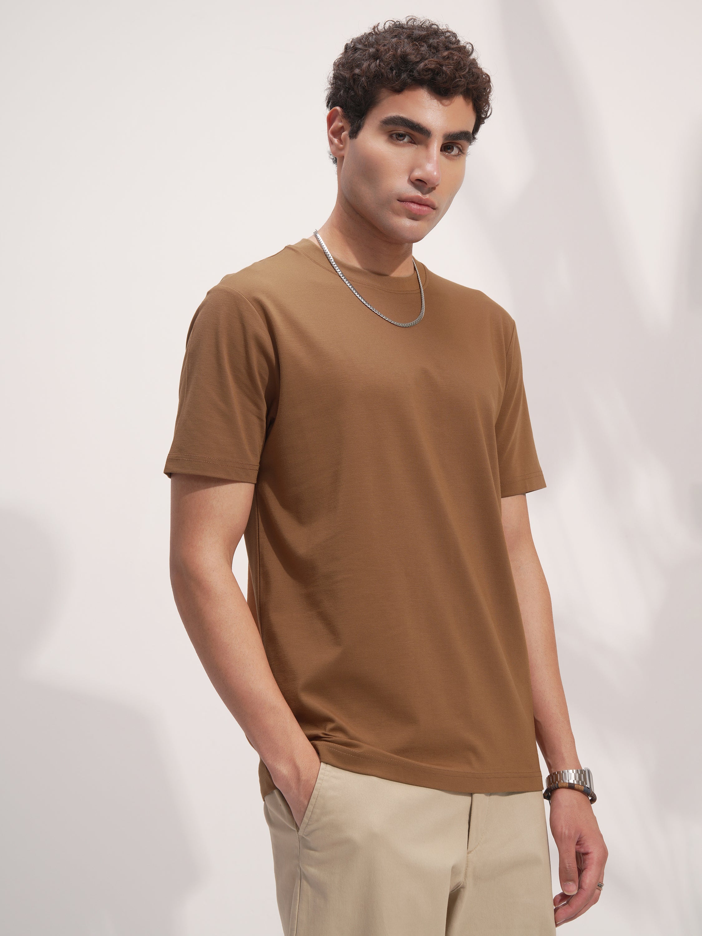 Highlander Men Brown Solid Round Neck T-Shirt - Brown - Image 6