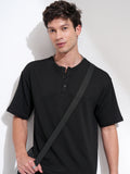 Highlander Men Black Self Design Henley Neck Relaxed Fit T-Shirt - Black - Image 1