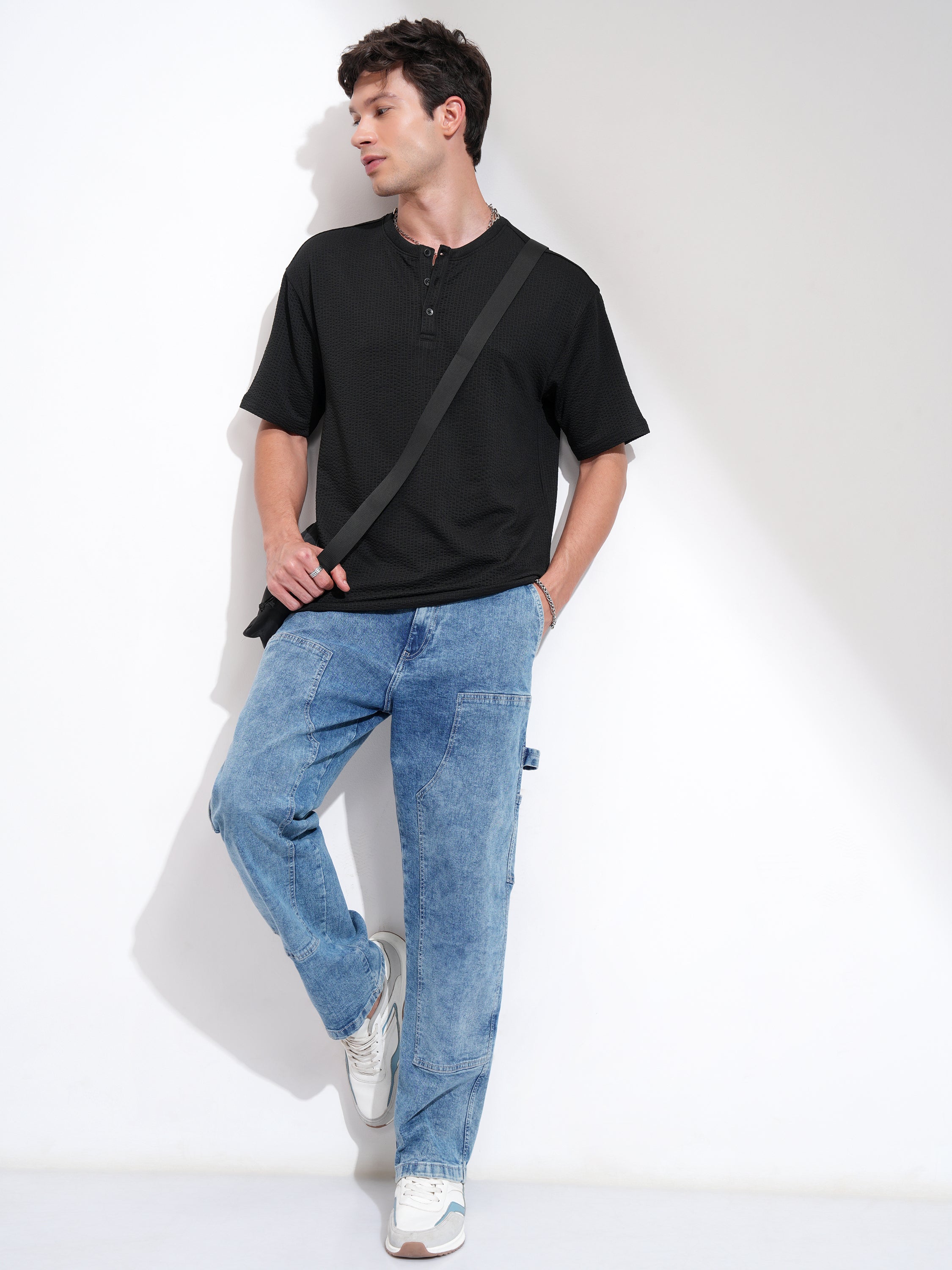 Highlander Men Black Self Design Henley Neck Relaxed Fit T-Shirt - Black - Image 2