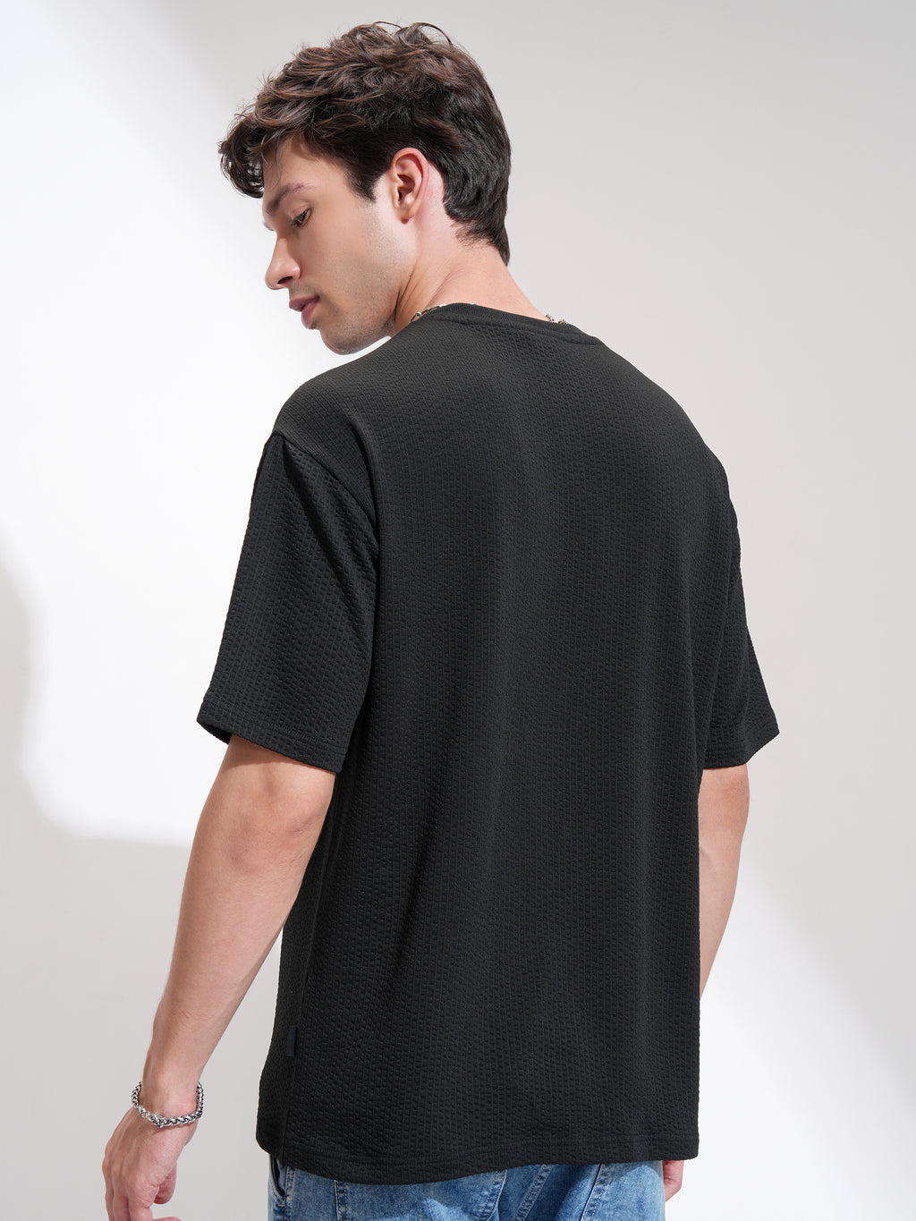 Highlander Men Black Self Design Henley Neck Relaxed Fit T-Shirt - Black - Image 3