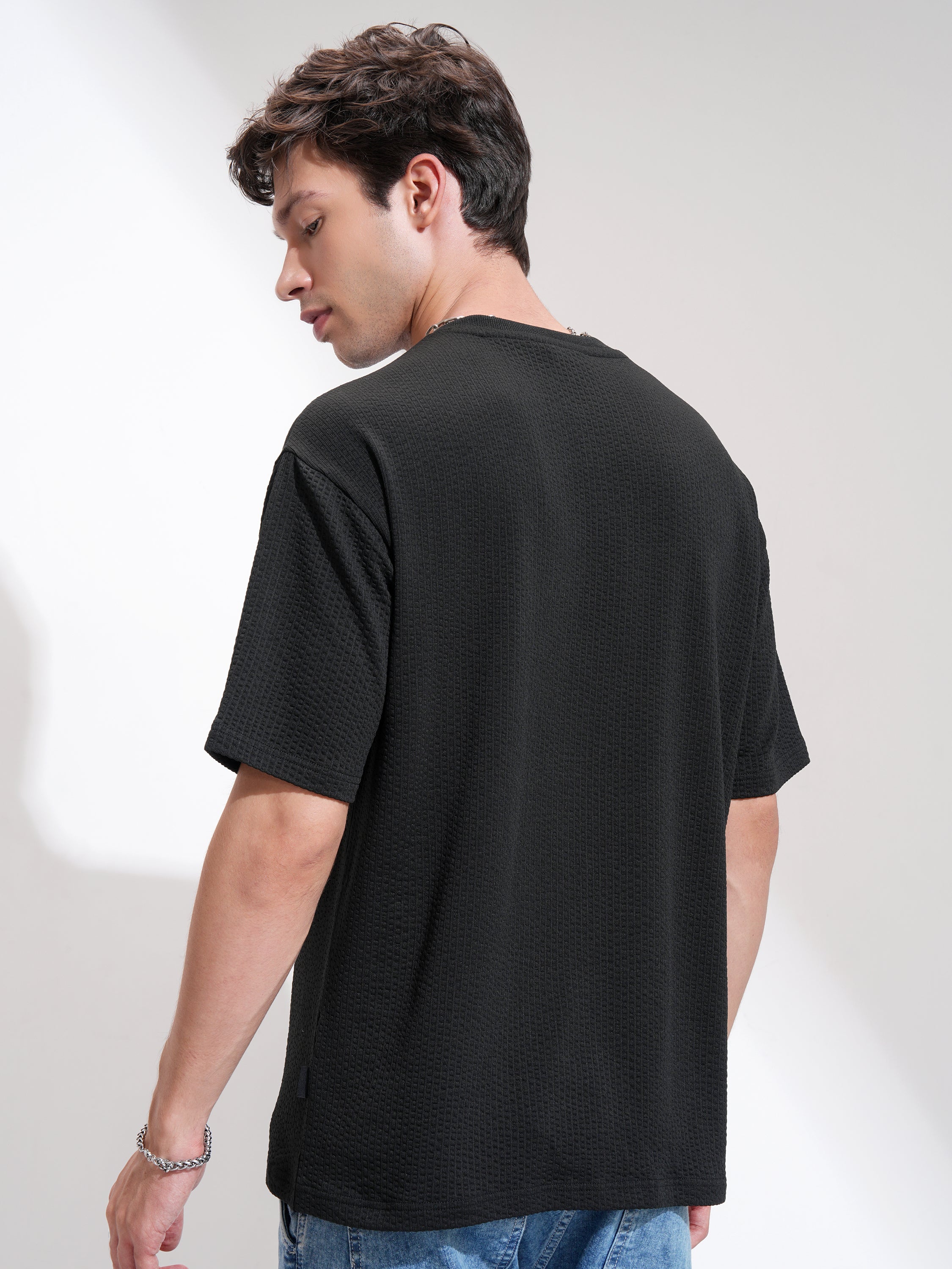 Highlander Men Black Self Design Henley Neck Relaxed Fit T-Shirt - Black - Image 3