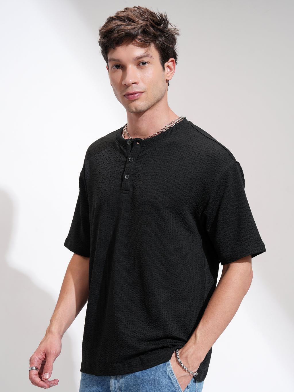 Highlander Men Black Self Design Henley Neck Relaxed Fit T-Shirt - Black - Image 4