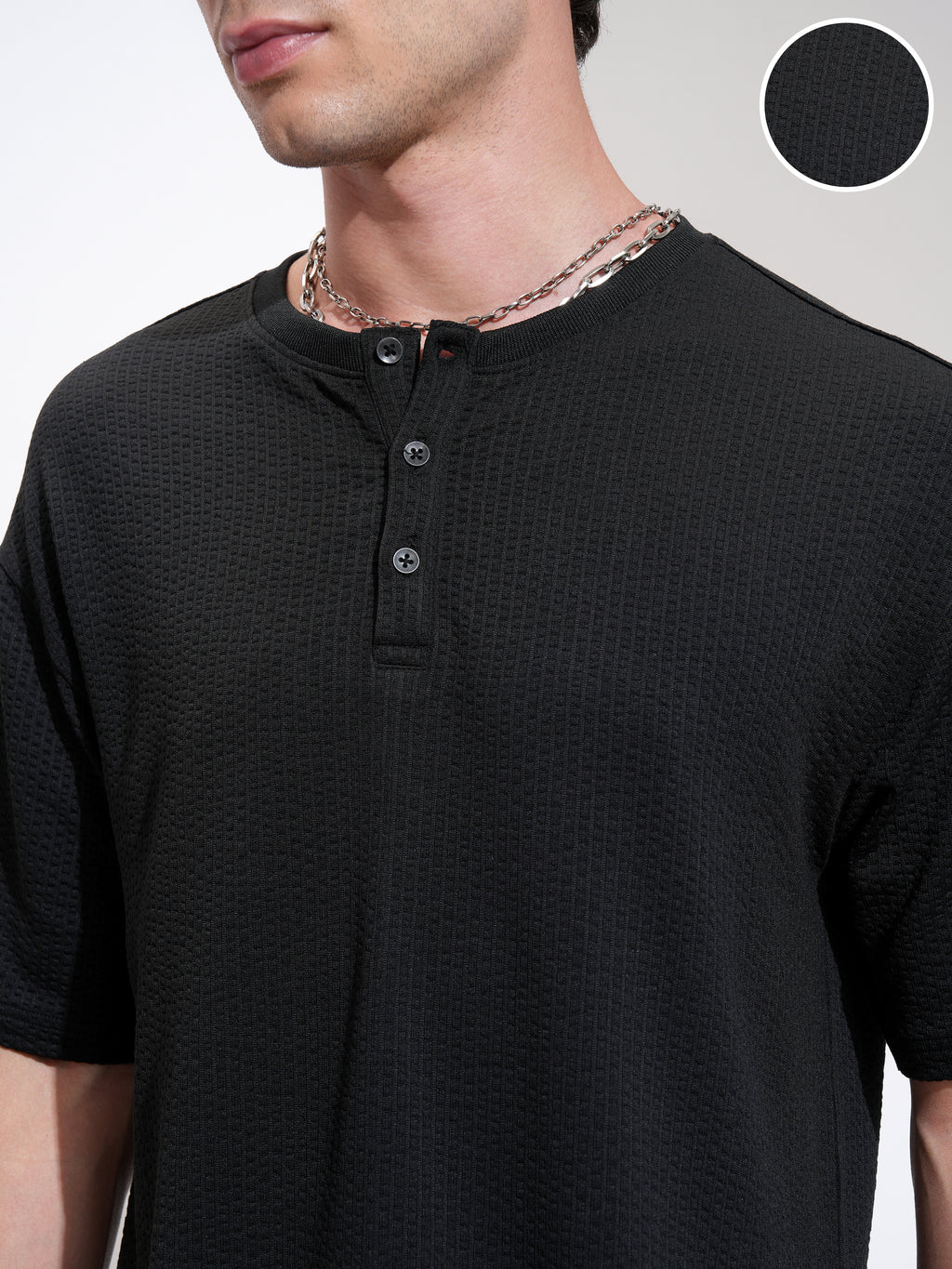 Highlander Men Black Self Design Henley Neck Relaxed Fit T-Shirt - Black - Image 5