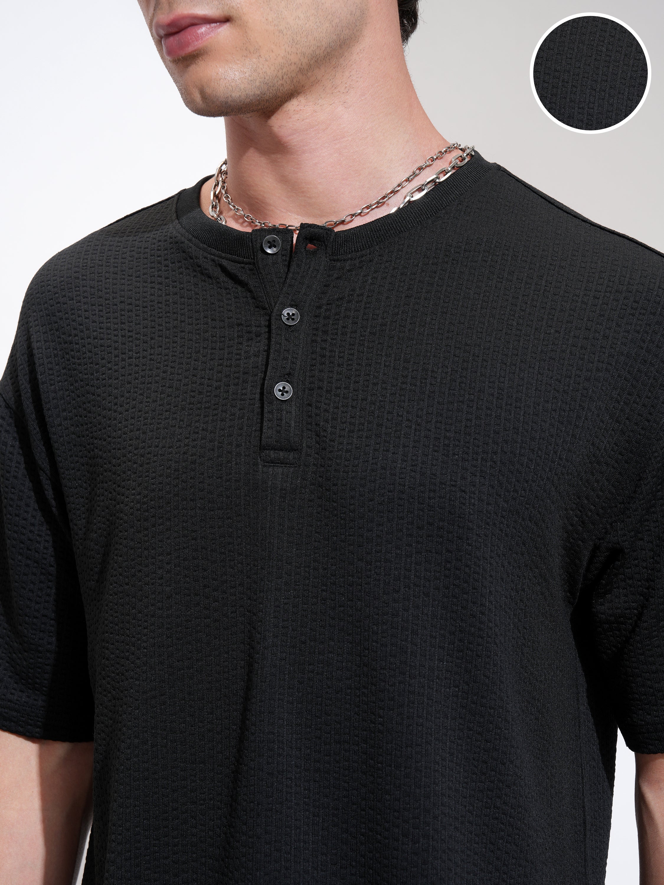 Highlander Men Black Self Design Henley Neck Relaxed Fit T-Shirt - Black - Image 5