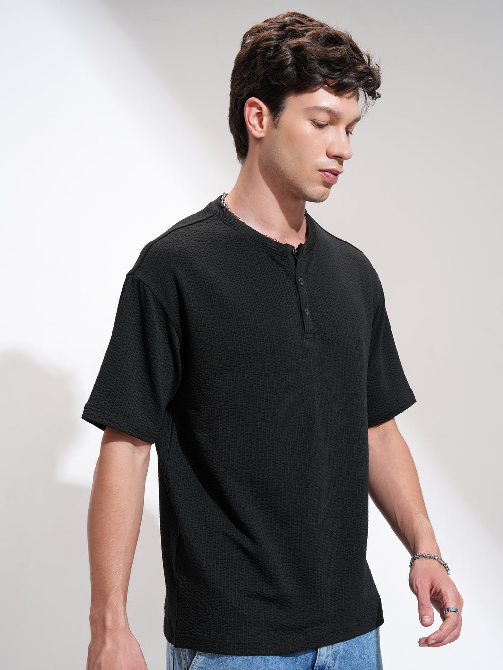 Highlander Men Black Self Design Henley Neck Relaxed Fit T-Shirt - Black - Image 6