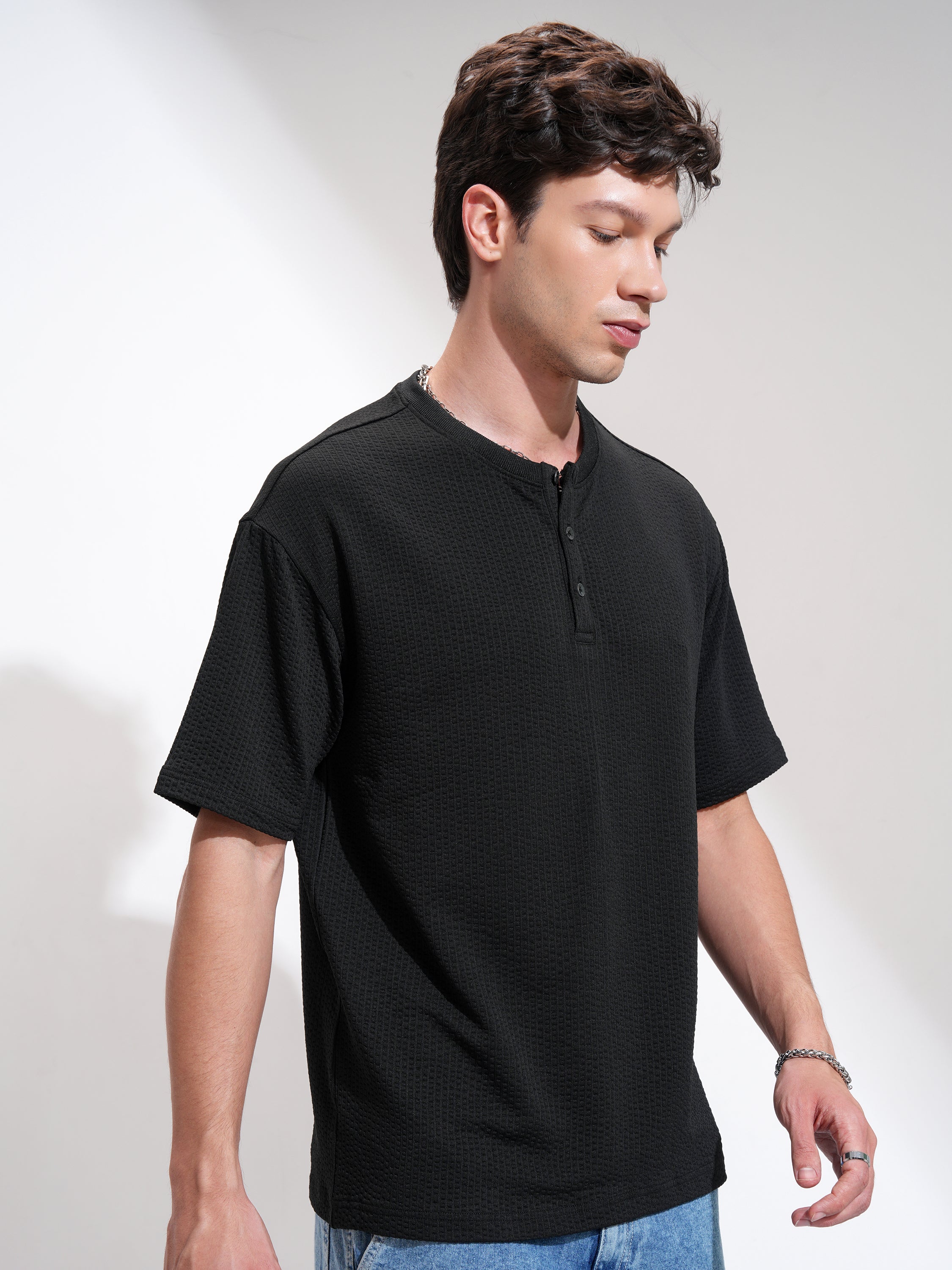 Highlander Men Black Self Design Henley Neck Relaxed Fit T-Shirt - Black - Image 6