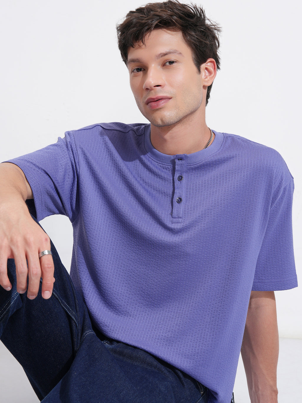 Highlander Men Purple Self Design Henley Neck Relaxed Fit T-Shirt - Purple - Image 1