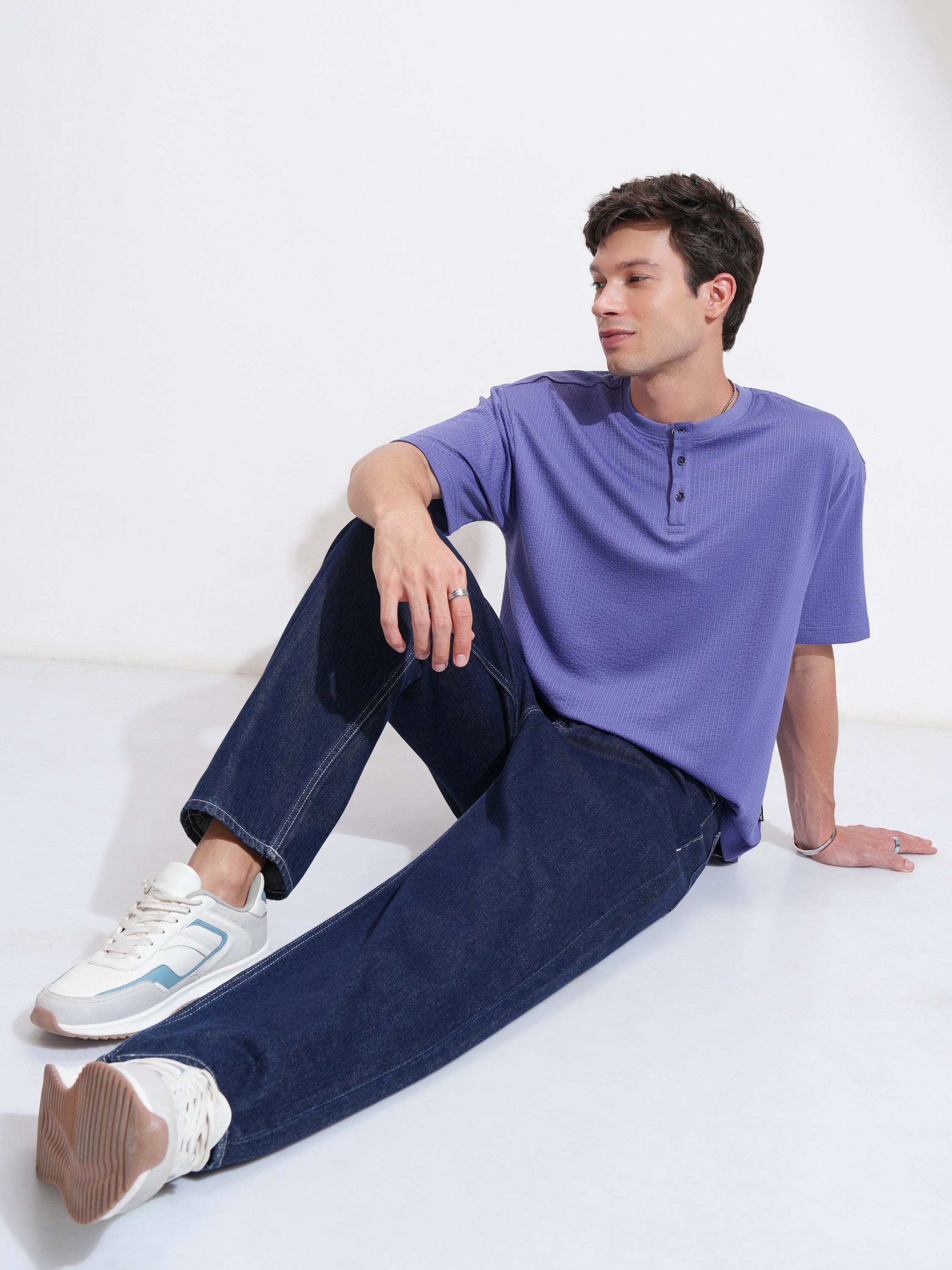Highlander Men Purple Self Design Henley Neck Relaxed Fit T-Shirt - Purple - Image 2