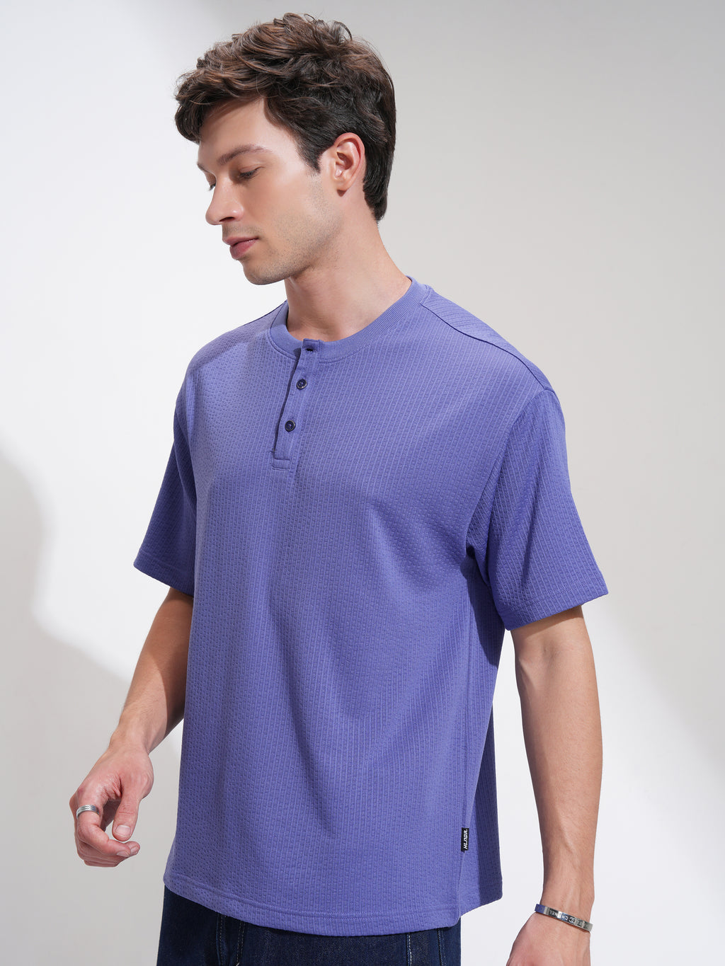 Highlander Men Purple Self Design Henley Neck Relaxed Fit T-Shirt - Purple - Image 4