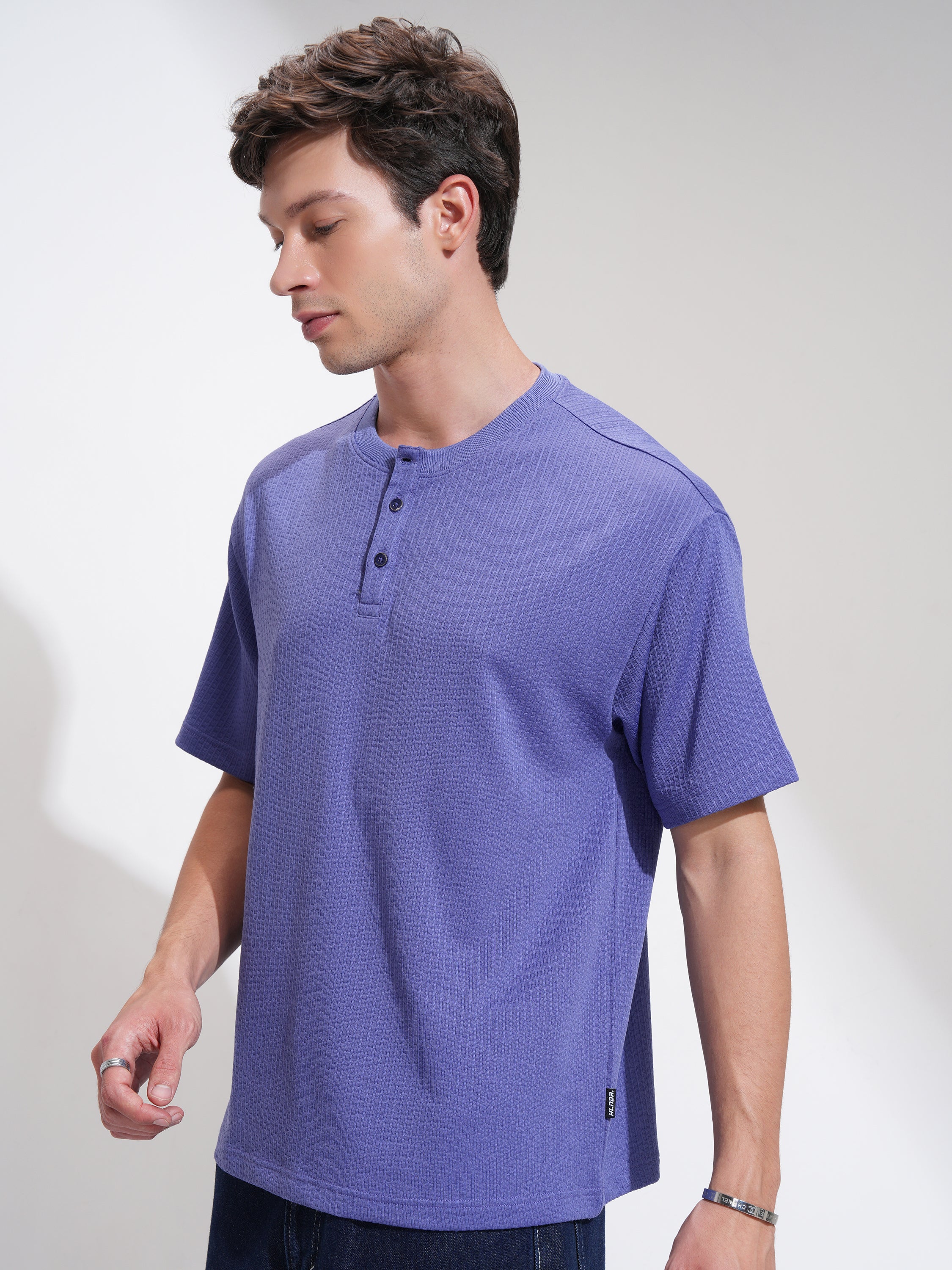 Highlander Men Purple Self Design Henley Neck Relaxed Fit T-Shirt - Purple - Image 4