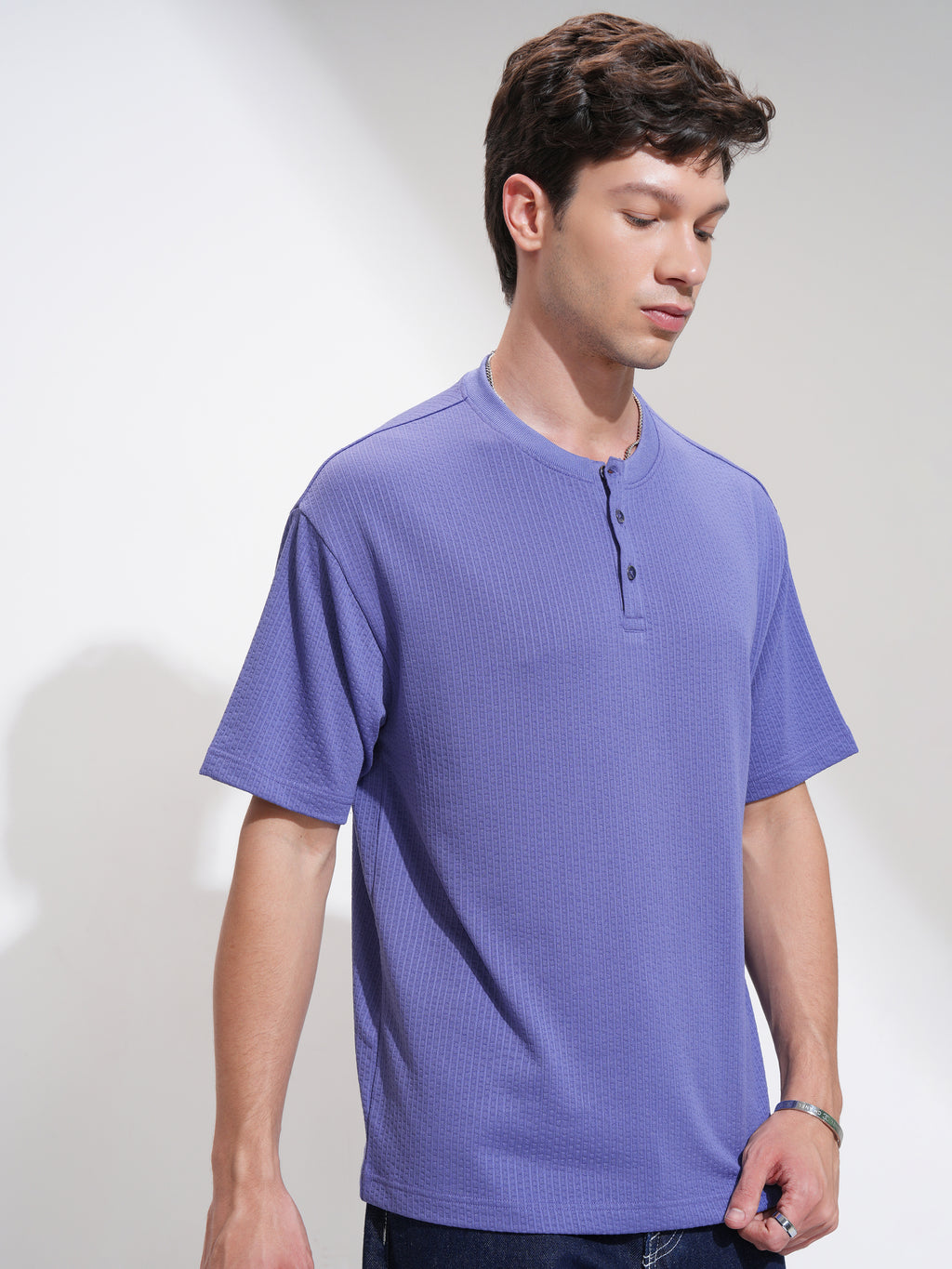 Highlander Men Purple Self Design Henley Neck Relaxed Fit T-Shirt - Purple - Image 6