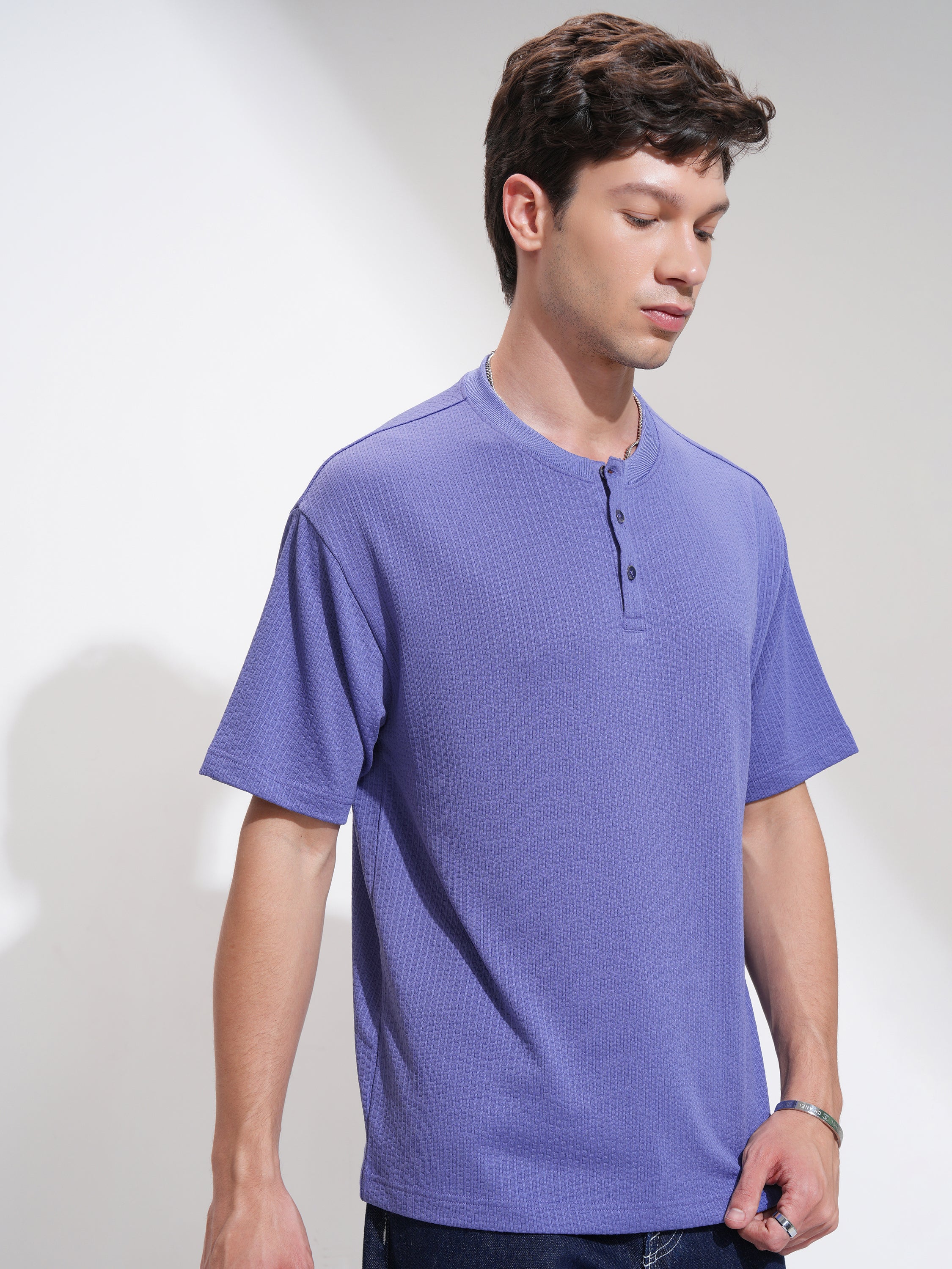 Highlander Men Purple Self Design Henley Neck Relaxed Fit T-Shirt - Purple - Image 6