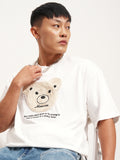 Highlander Men White Applique Round Neck Oversized Fit T-Shirt - White - Image 1