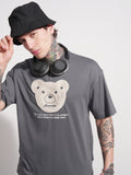 Highlander Men Grey Applique Round Neck Oversized Fit T-Shirt - Grey - Image 1