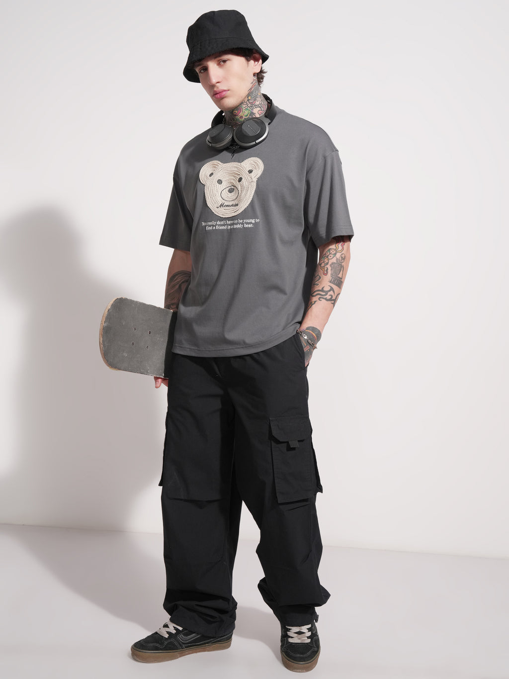 Highlander Men Grey Applique Round Neck Oversized Fit T-Shirt - Grey - Image 2