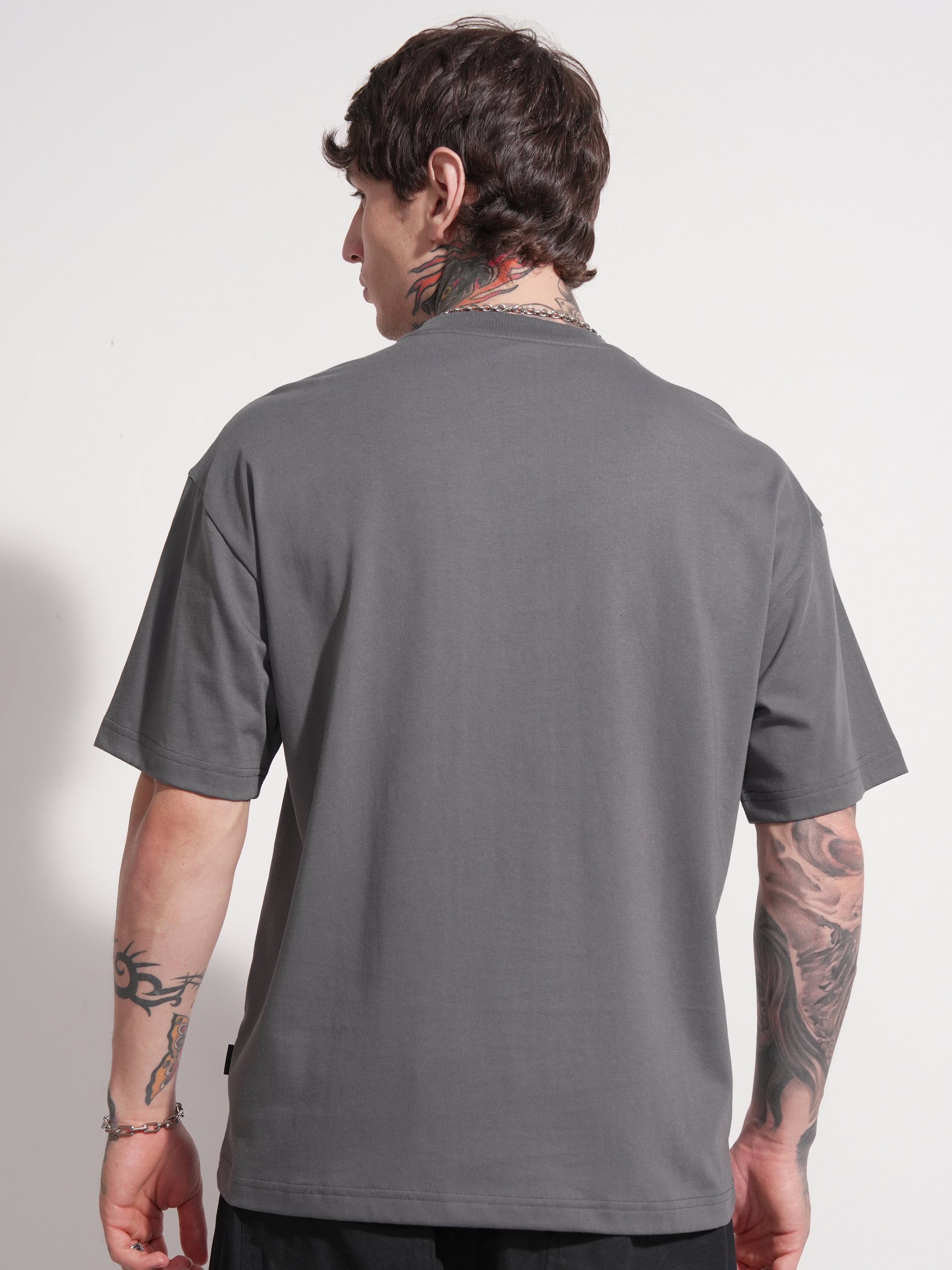 Highlander Men Grey Applique Round Neck Oversized Fit T-Shirt - Grey - Image 3