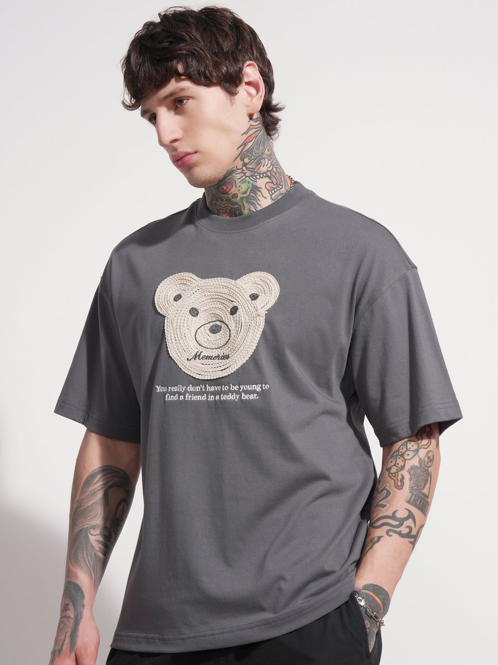 Highlander Men Grey Applique Round Neck Oversized Fit T-Shirt - Grey - Image 4
