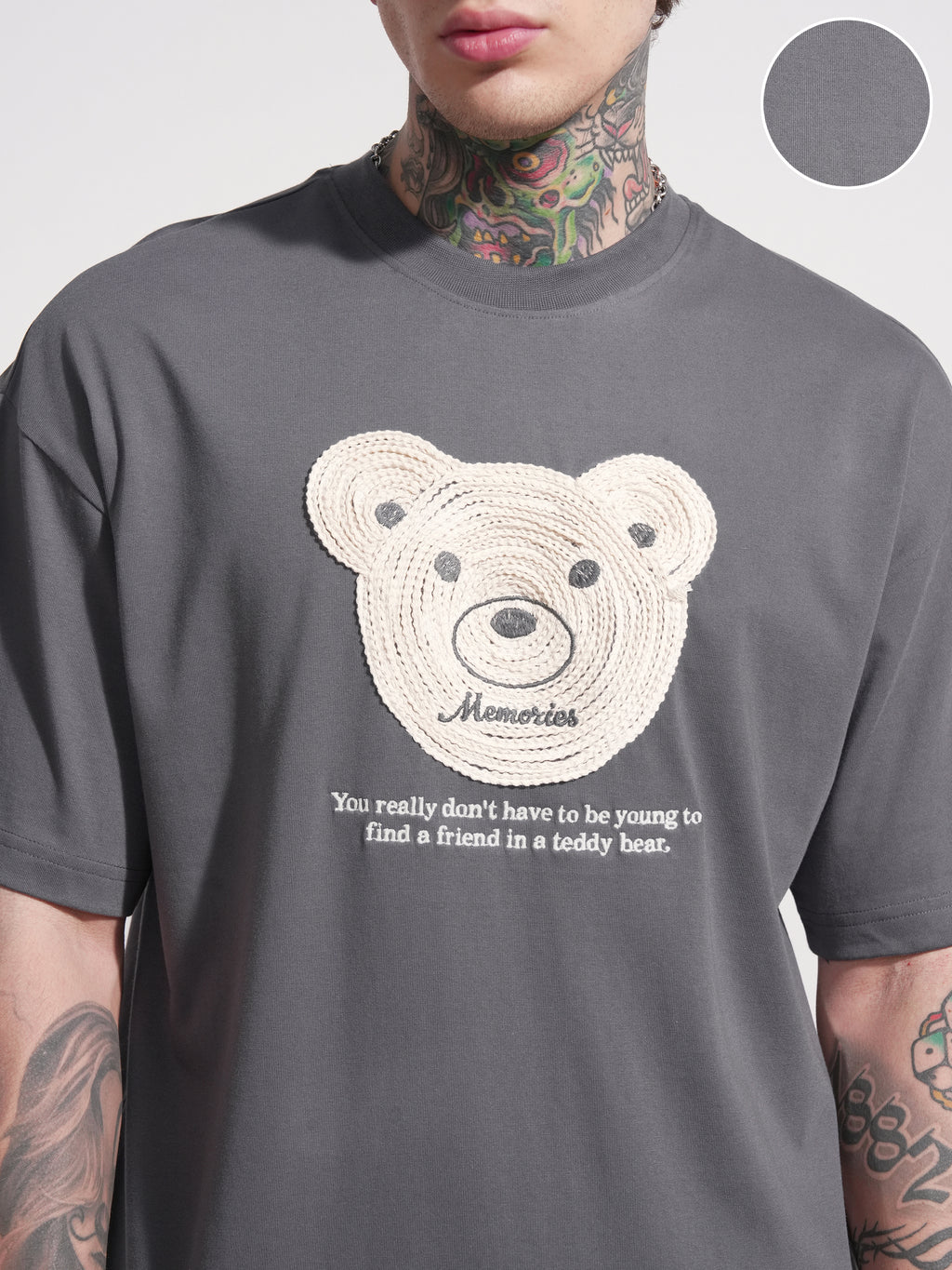 Highlander Men Grey Applique Round Neck Oversized Fit T-Shirt - Grey - Image 5