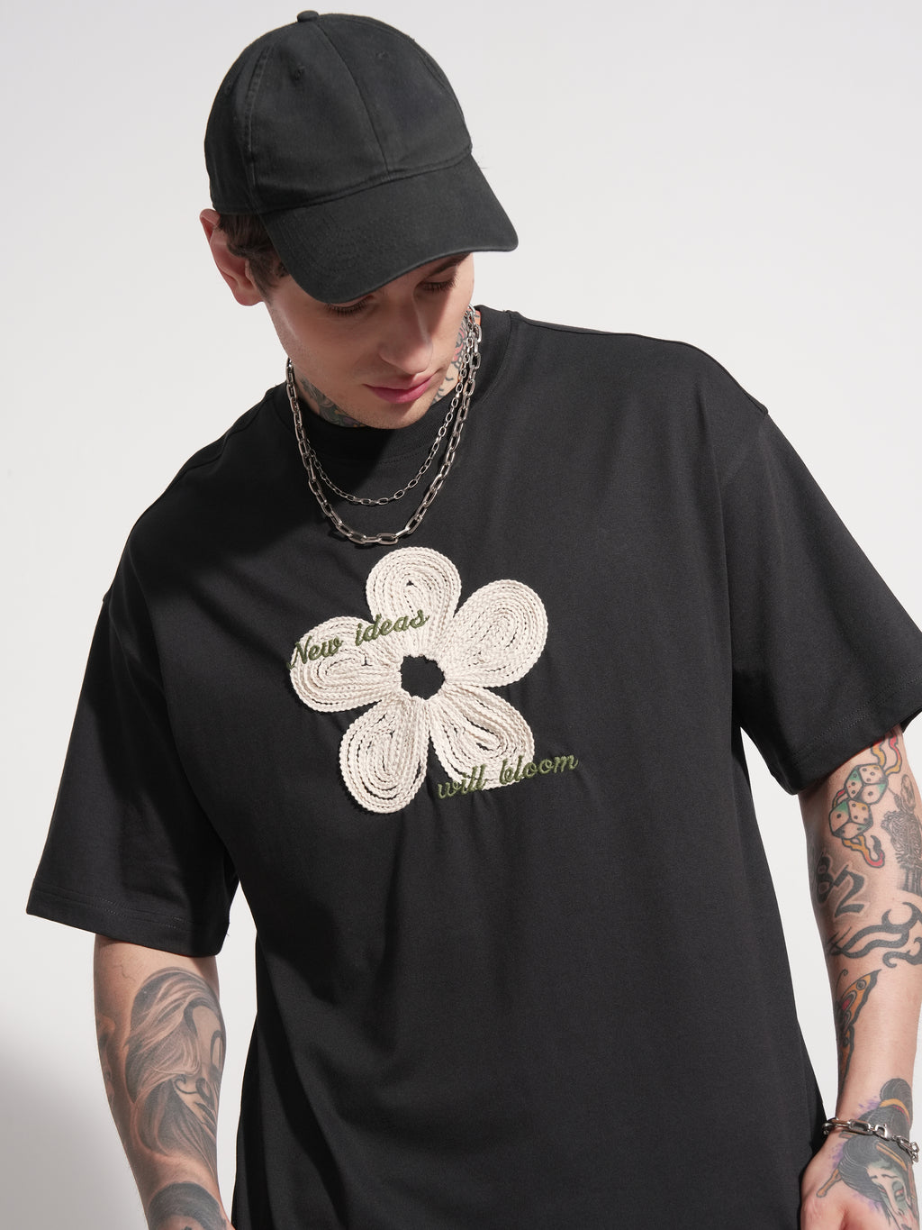 Highlander Men Black Applique Round Neck Oversized Fit T-Shirt - Black - Image 1