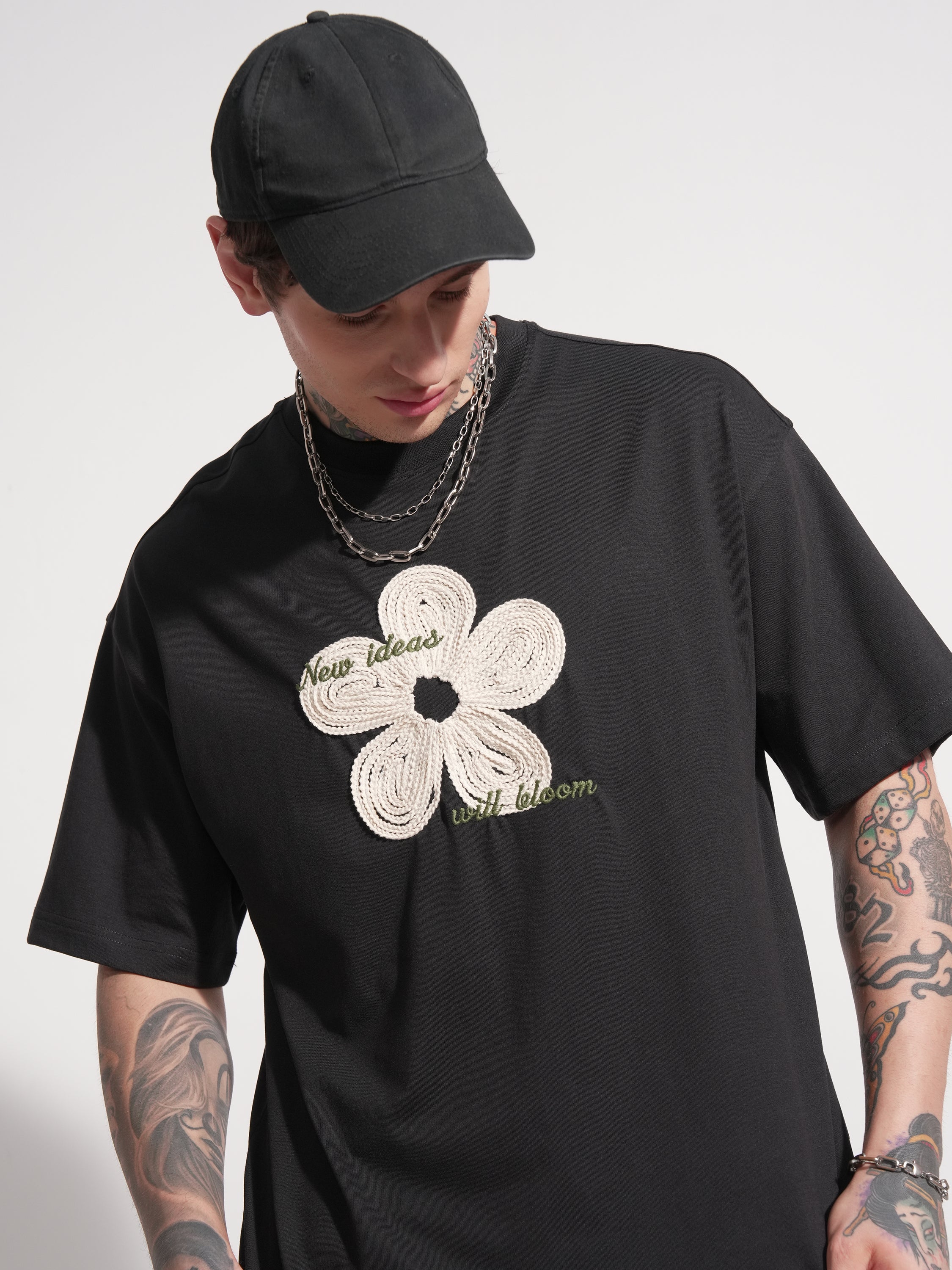 Highlander Men Black Applique Round Neck Oversized Fit T-Shirt - Black - Image 1