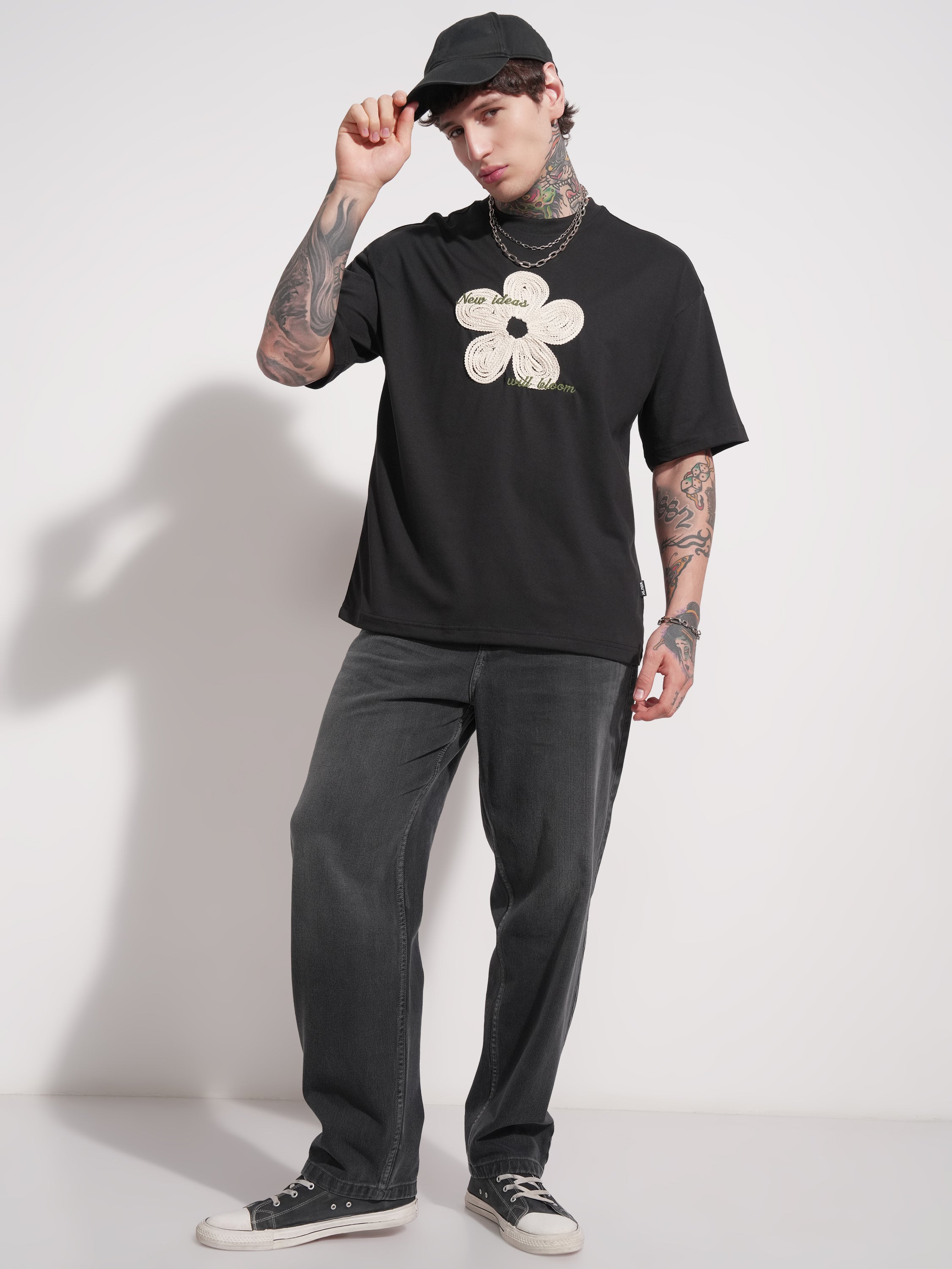Highlander Men Black Applique Round Neck Oversized Fit T-Shirt - Black - Image 2