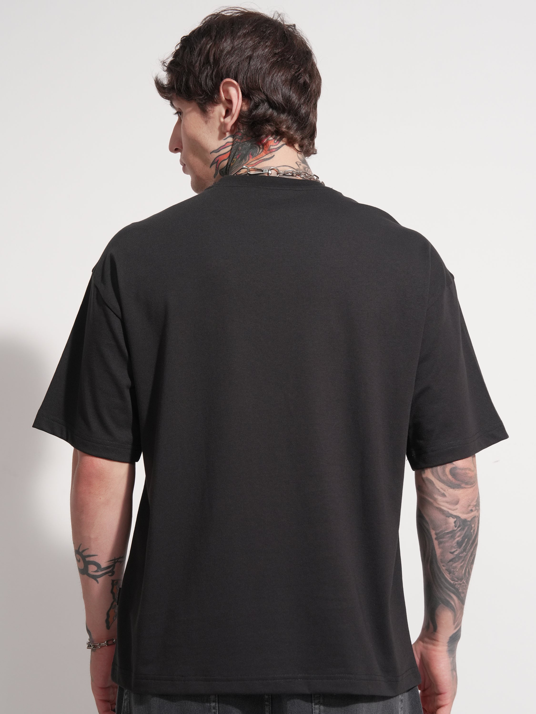 Highlander Men Black Applique Round Neck Oversized Fit T-Shirt - Black - Image 3