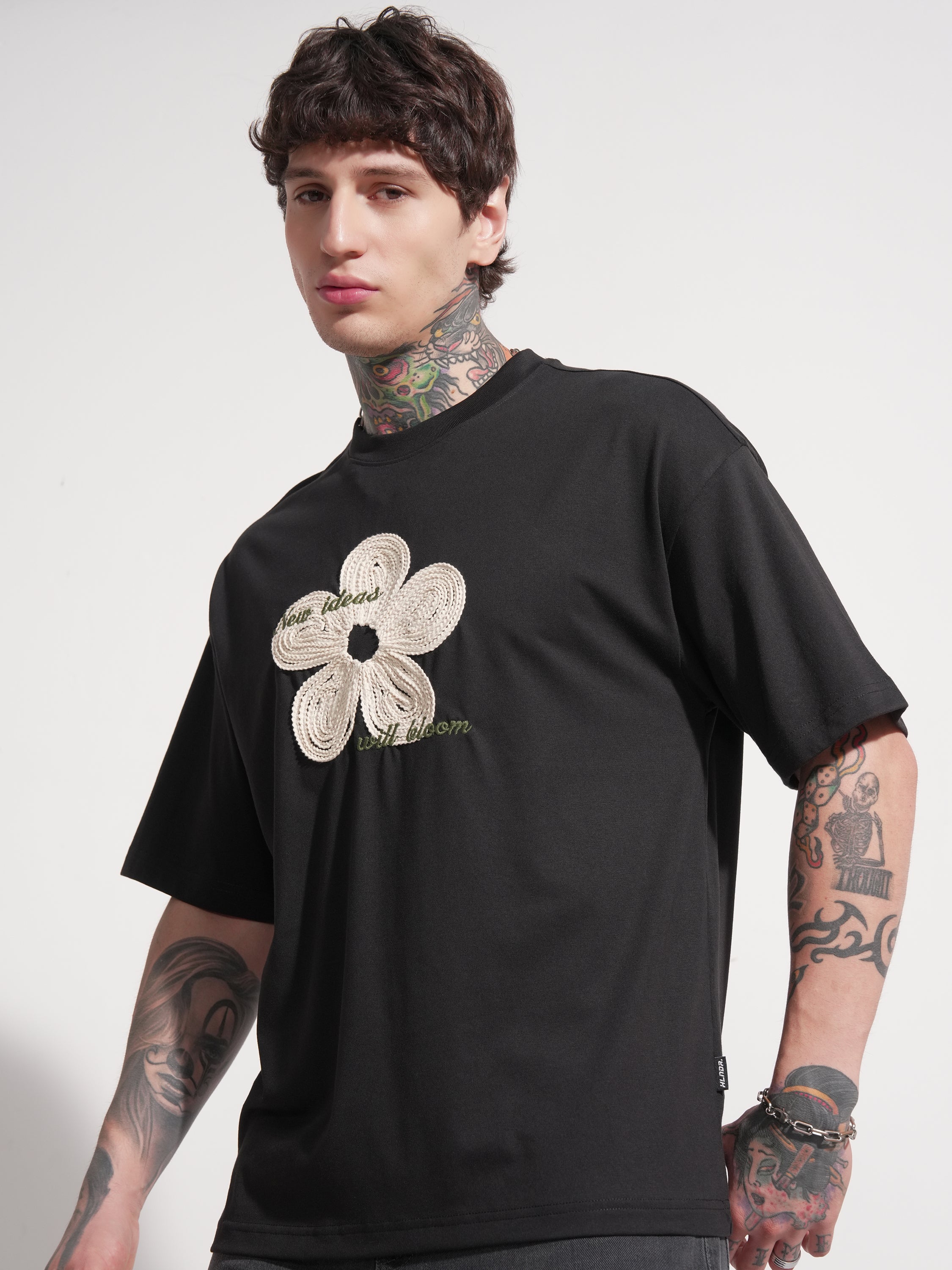 Highlander Men Black Applique Round Neck Oversized Fit T-Shirt - Black - Image 4