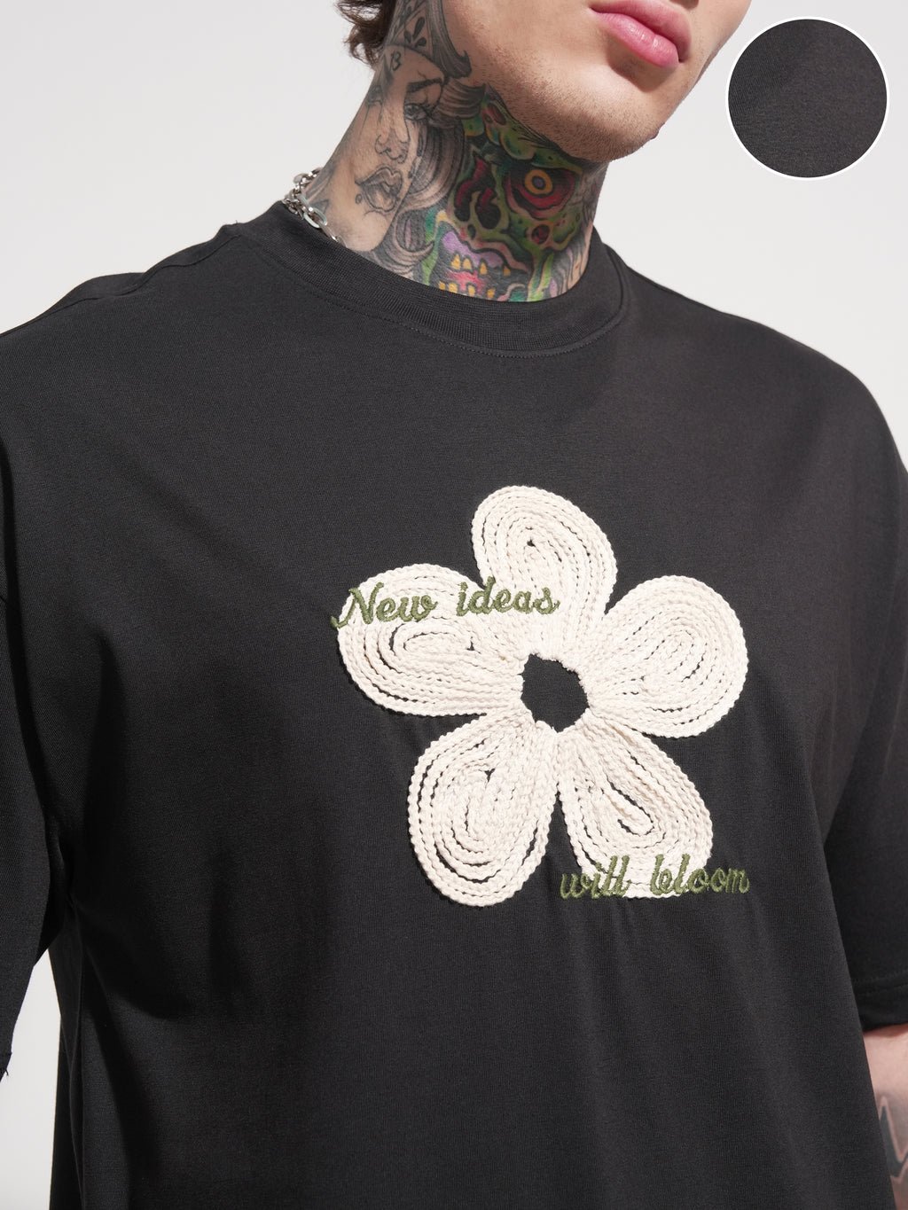 Highlander Men Black Applique Round Neck Oversized Fit T-Shirt - Black - Image 5