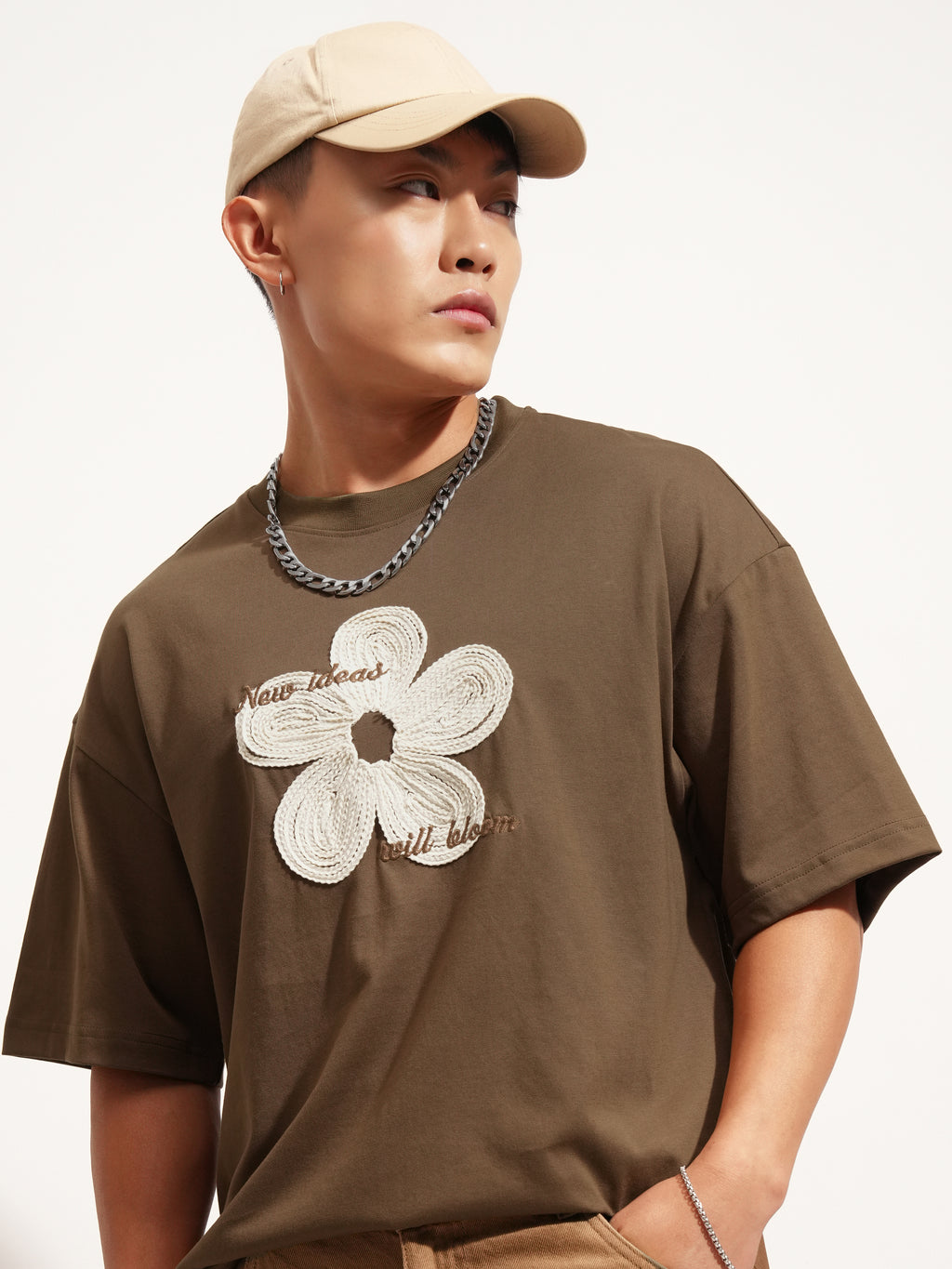 Highlander Men Brown Applique Round Neck Oversized Fit T-Shirt - Brown - Image 1