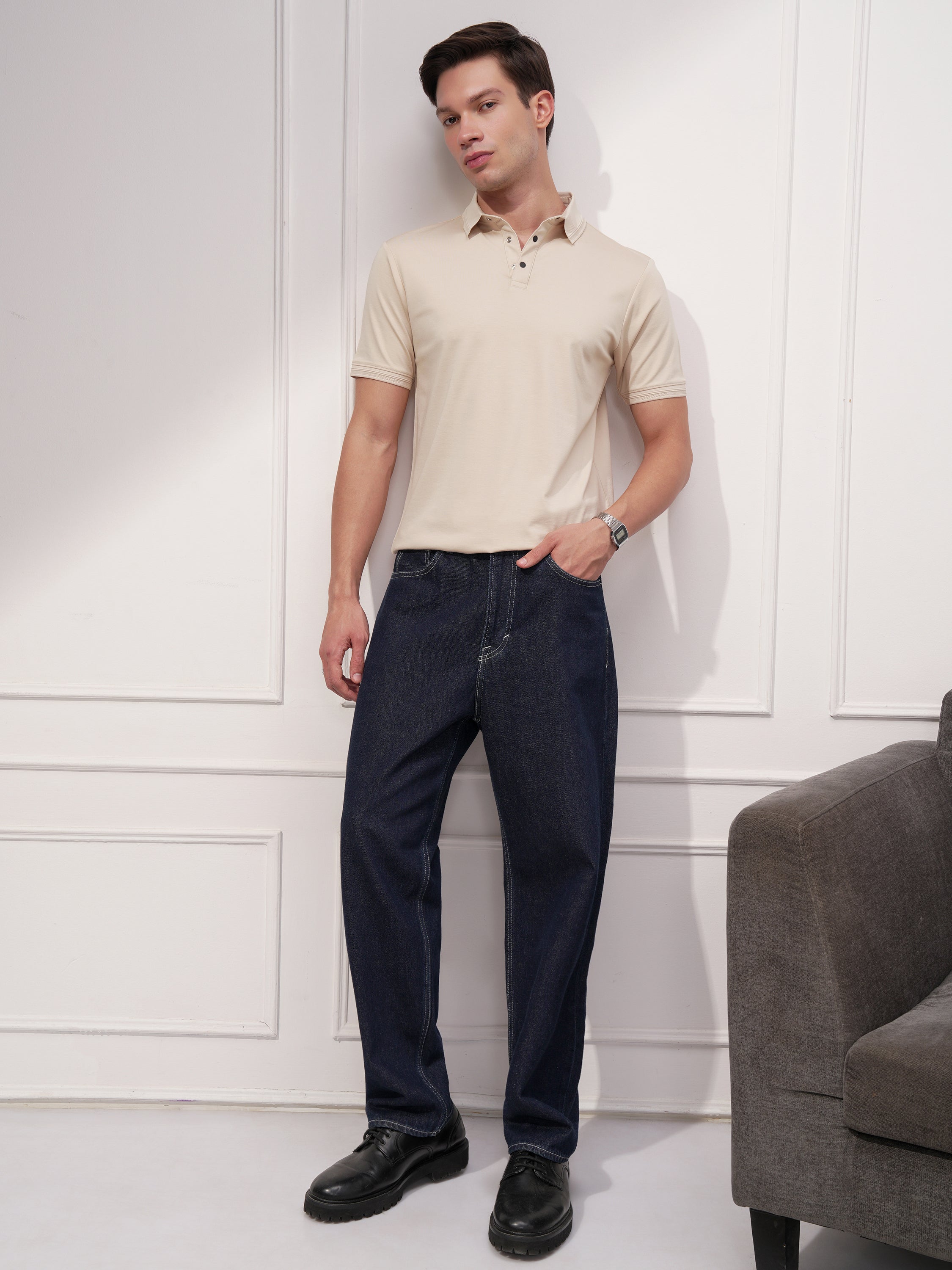 Highlander Men Beige Solid Polo Collar T-Shirt - Beige - Image 2
