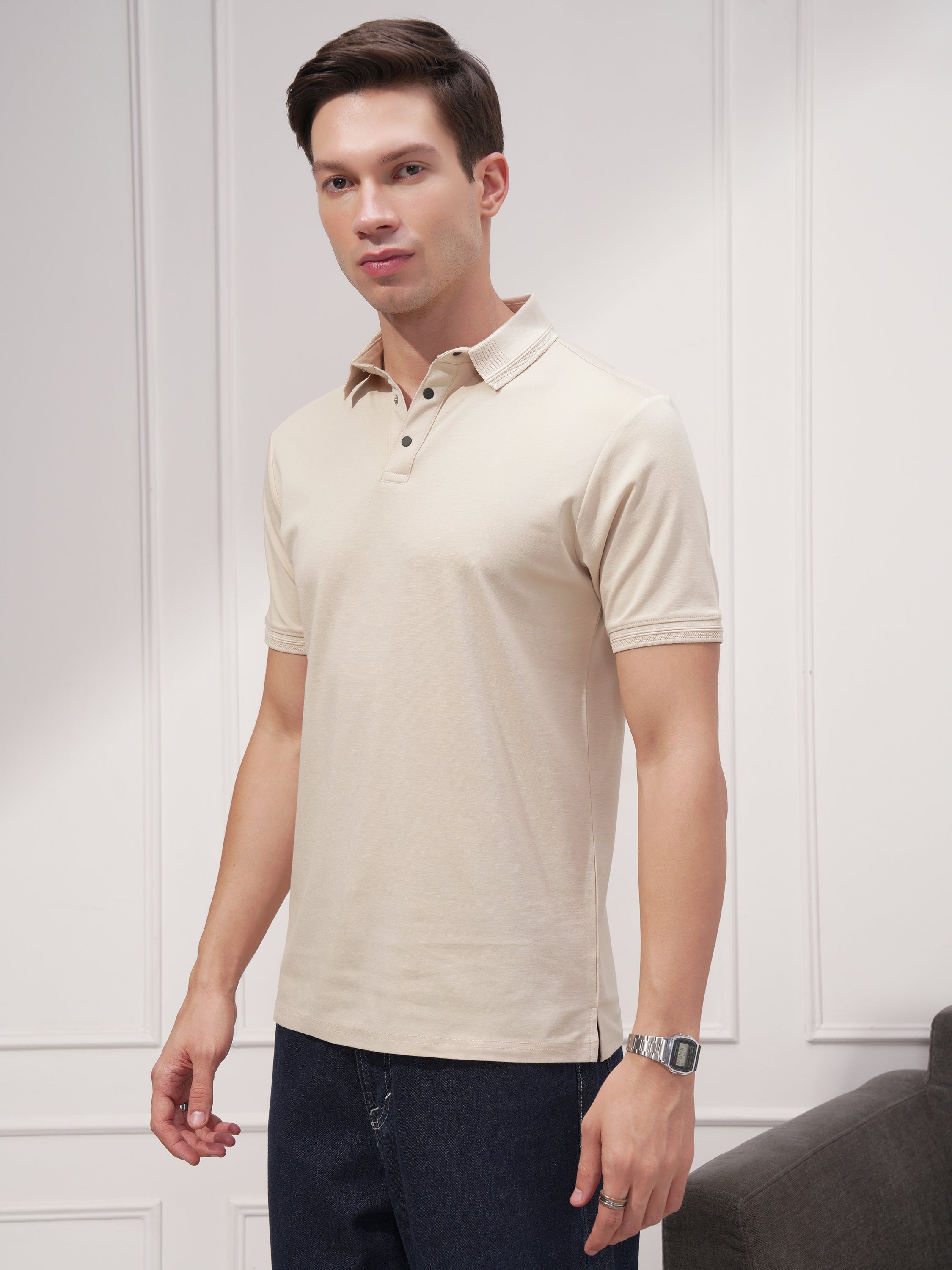 Highlander Men Beige Solid Polo Collar T-Shirt - Beige - Image 4