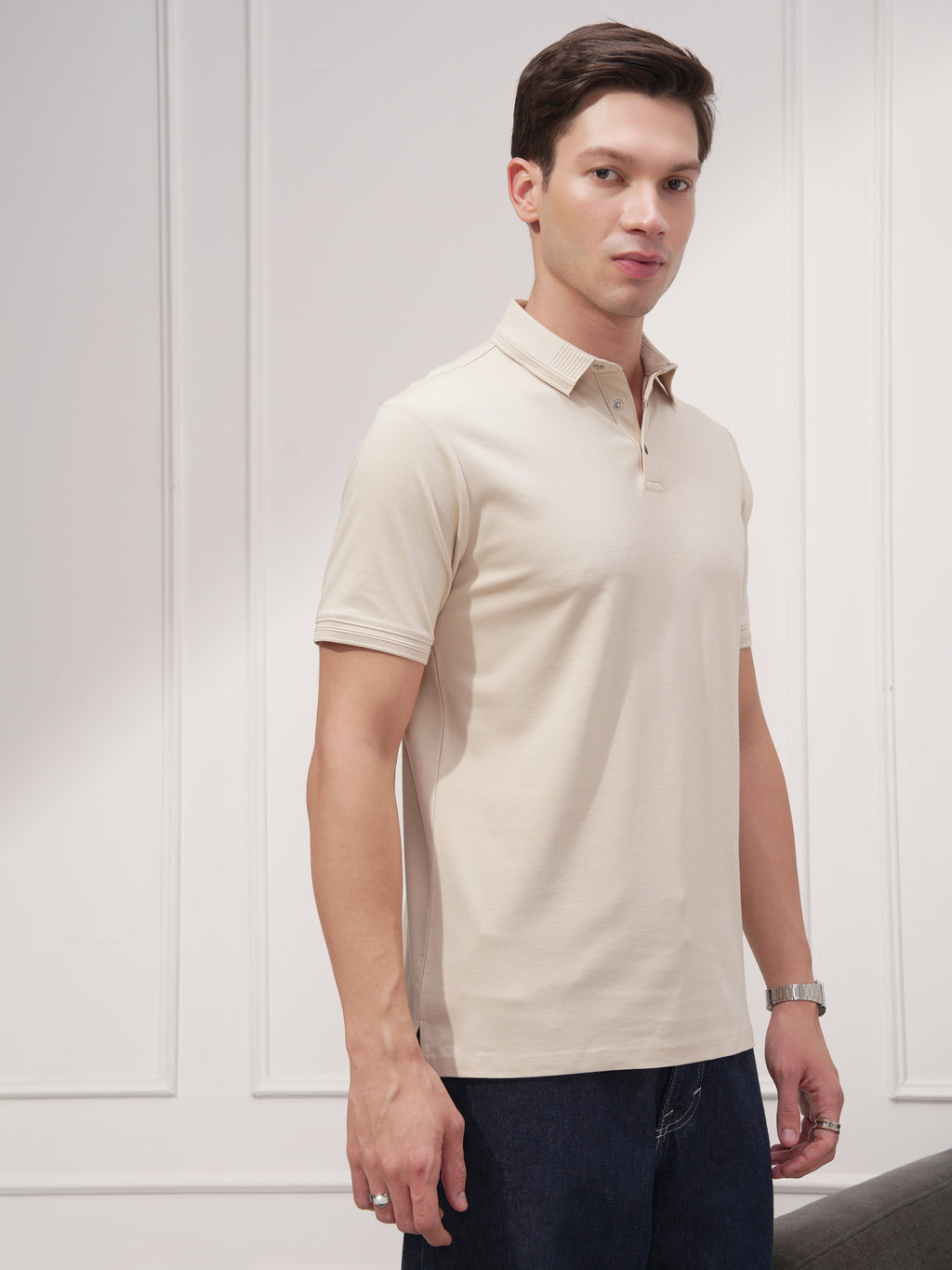 Highlander Men Beige Solid Polo Collar T-Shirt - Beige - Image 6