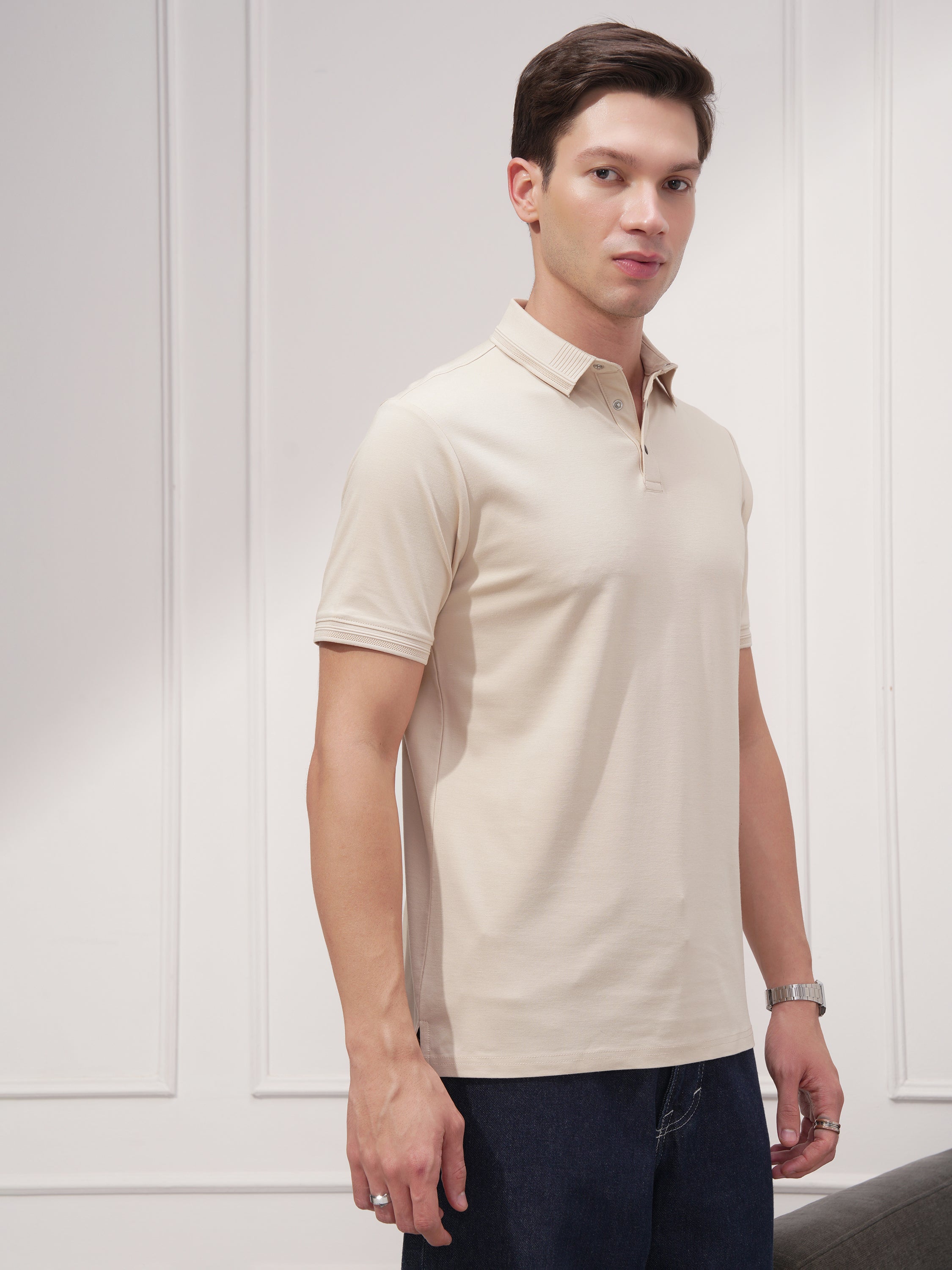 Highlander Men Beige Solid Polo Collar T-Shirt - Beige - Image 6