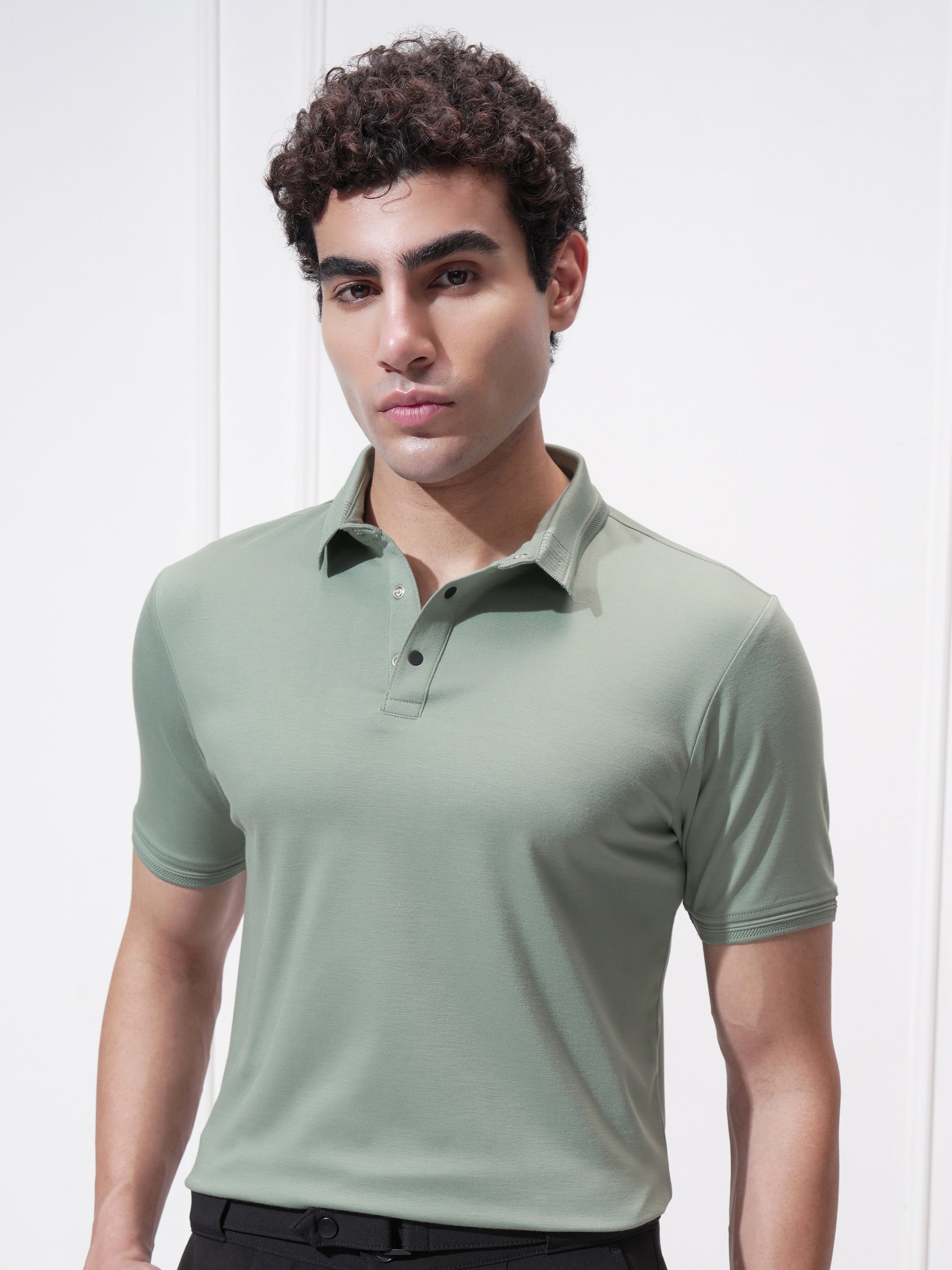 Highlander Men Green Solid Polo Collar T-Shirt - Green - Image 1