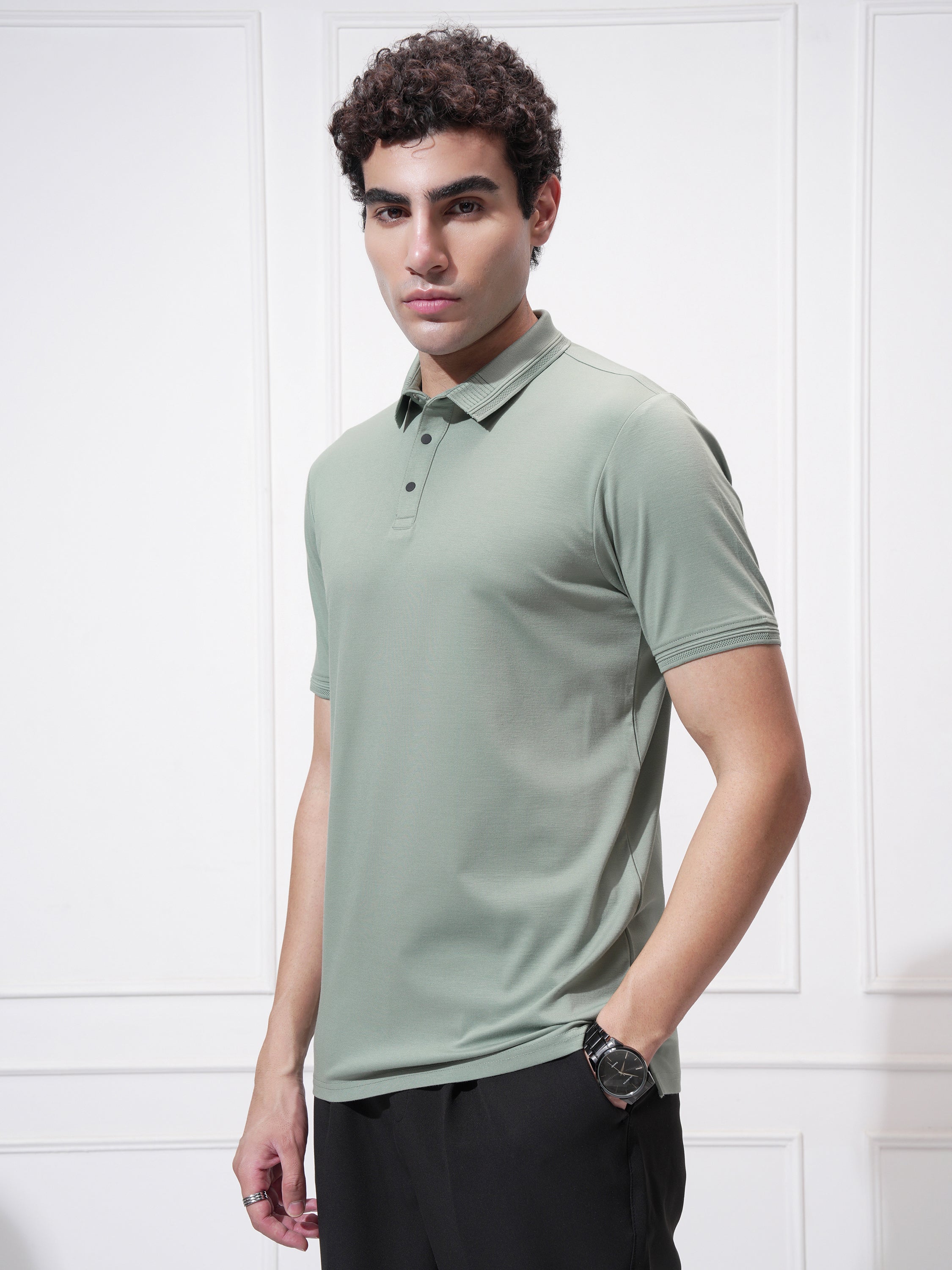 Highlander Men Green Solid Polo Collar T-Shirt - Green - Image 4