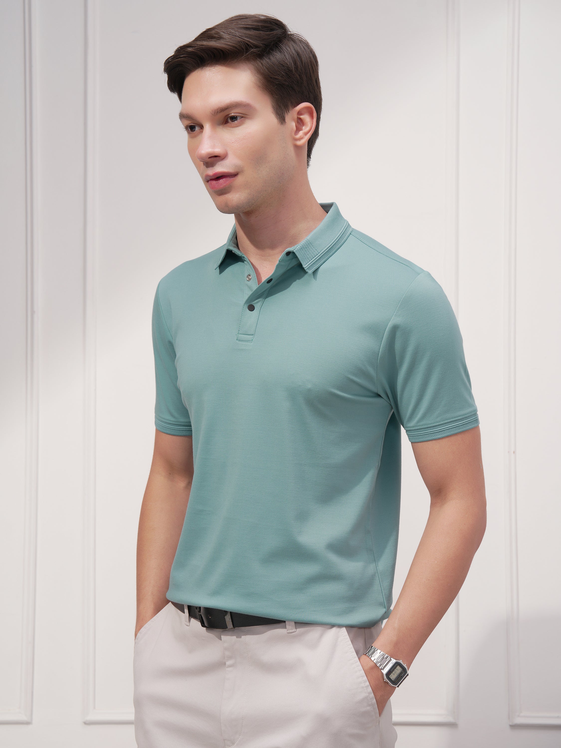 Highlander Men Green Solid Polo Collar T-Shirt - Green - Image 4
