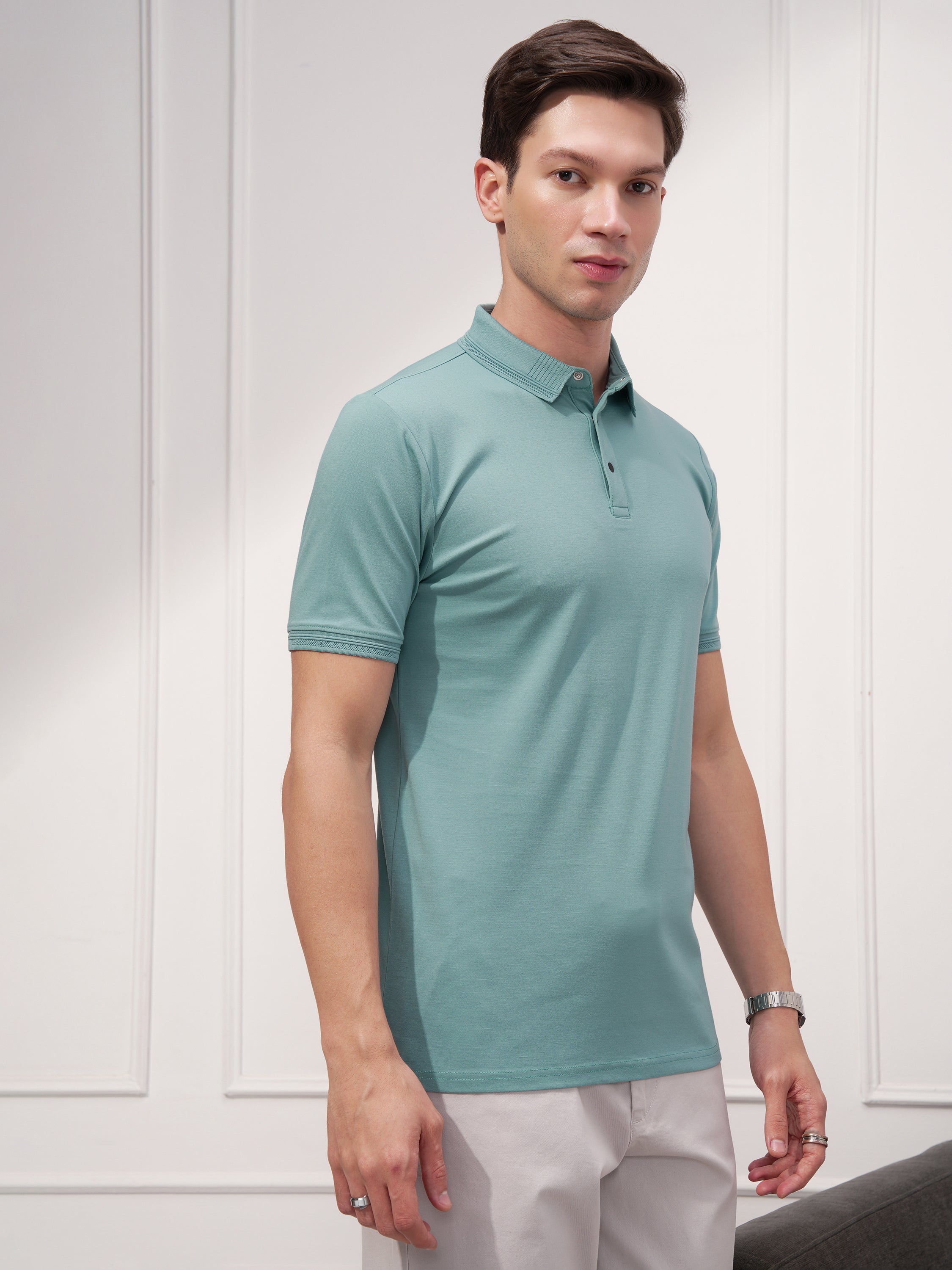 Highlander Men Green Solid Polo Collar T-Shirt - Green - Image 6