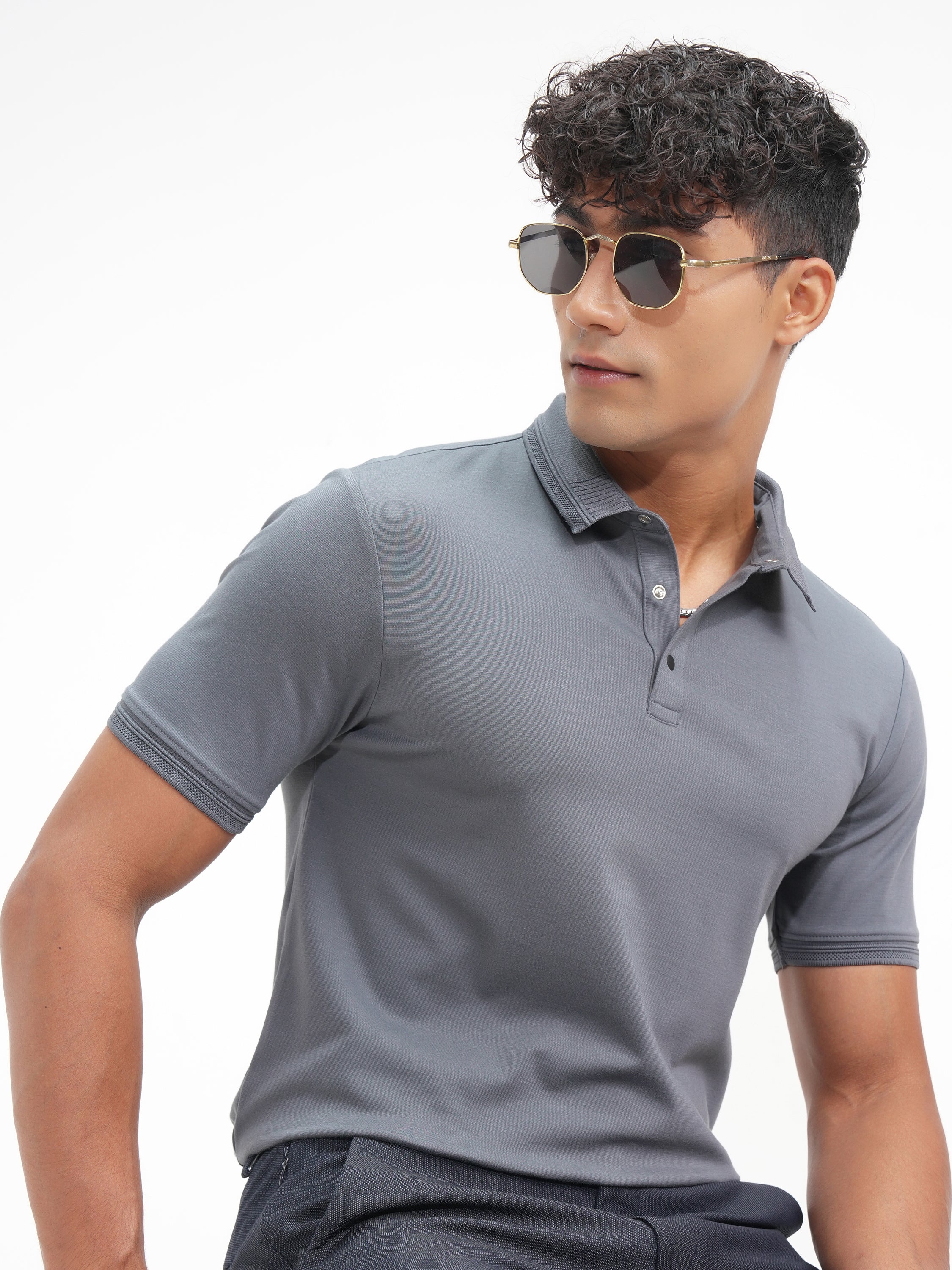 Highlander Men Grey Solid Polo Collar T-Shirt - Grey - Image 1