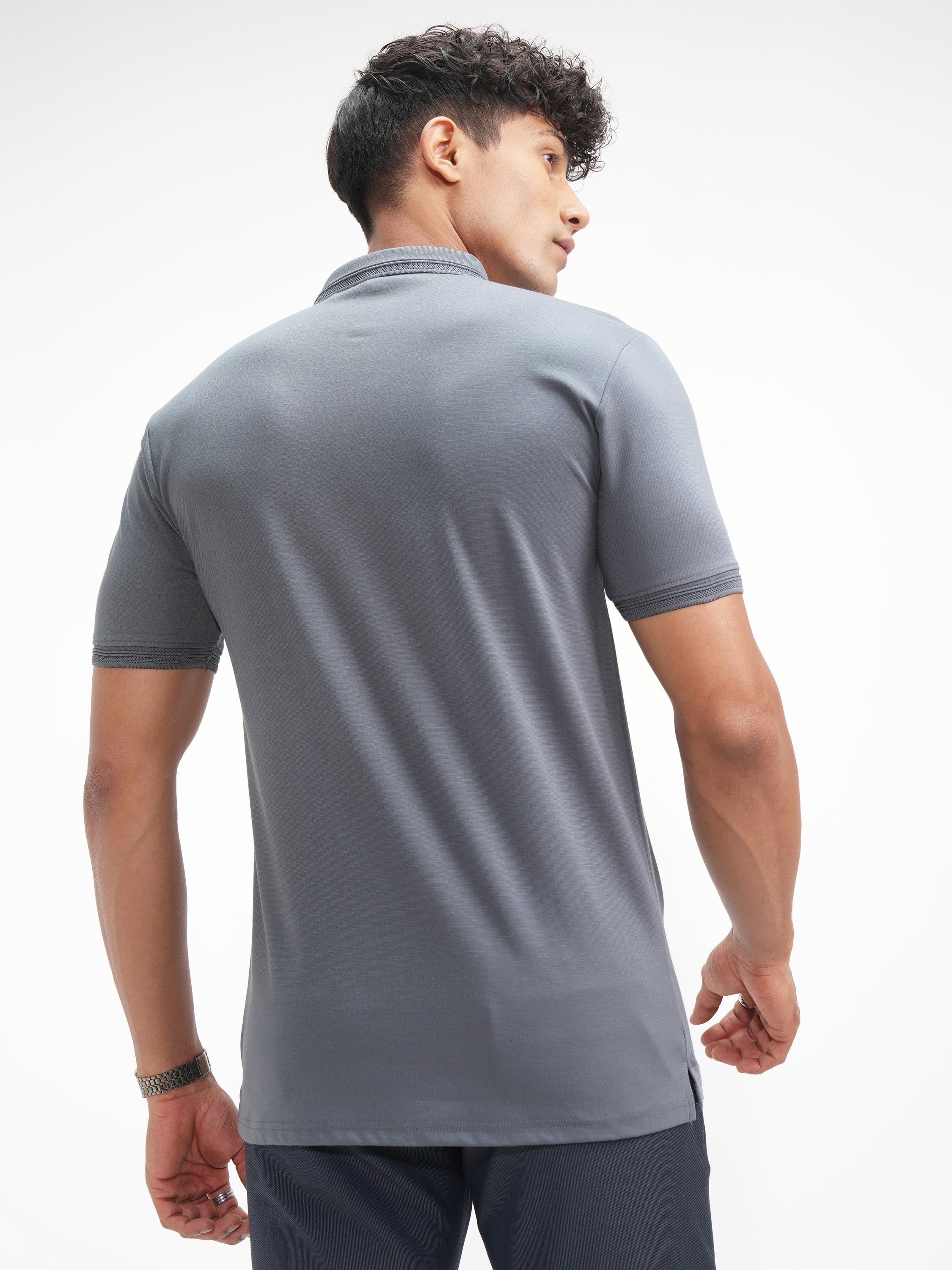 Highlander Men Grey Solid Polo Collar T-Shirt - Grey - Image 3