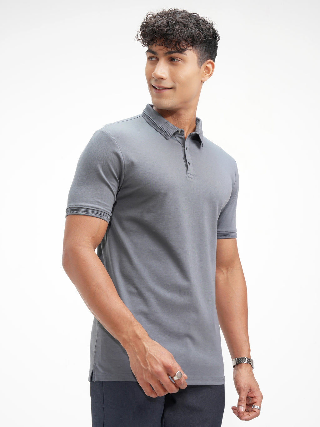 Highlander Men Grey Solid Polo Collar T-Shirt - Grey - Image 6