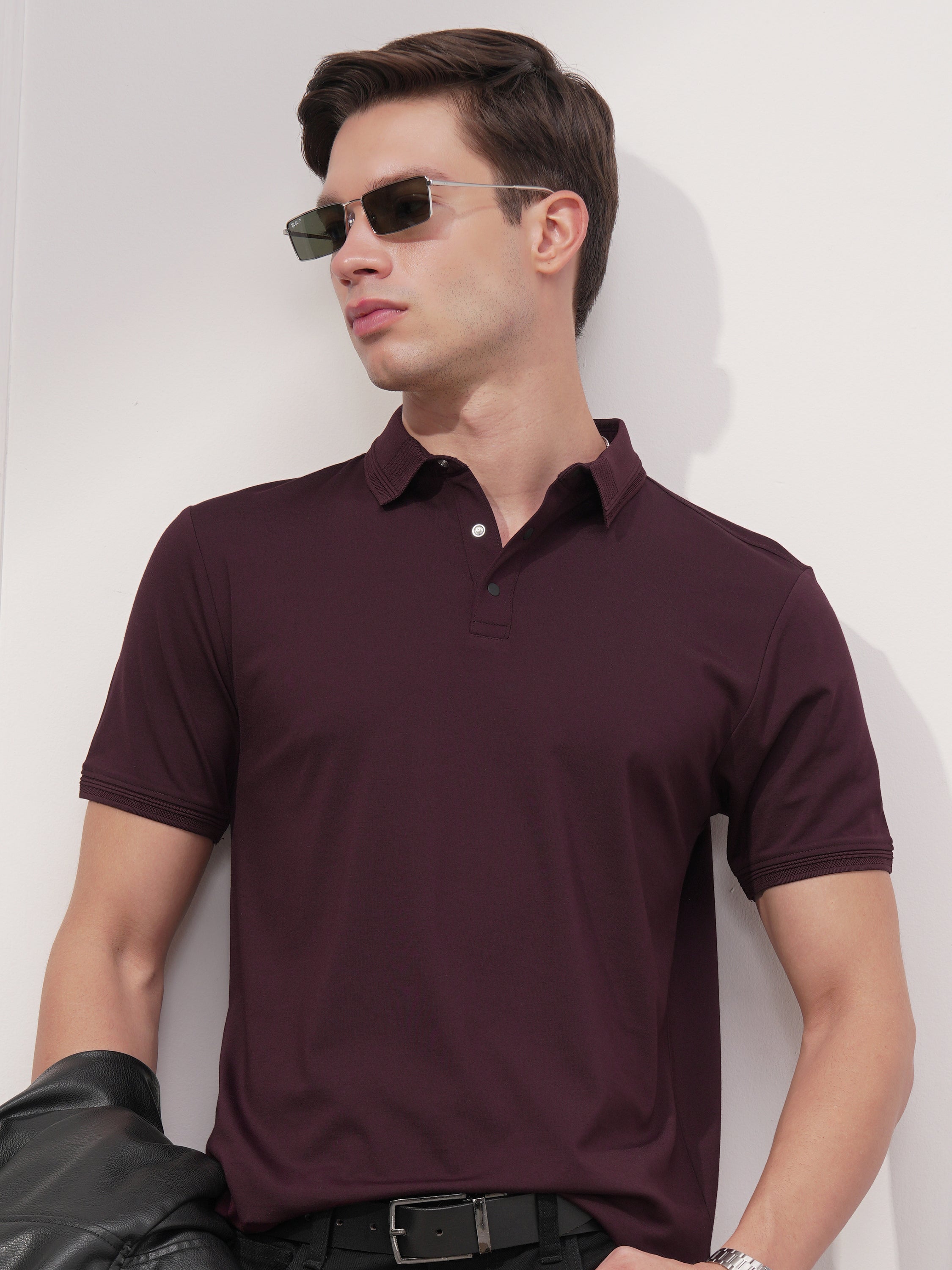 Highlander Men Maroon Solid Polo Collar T-Shirt - Maroon - Image 1