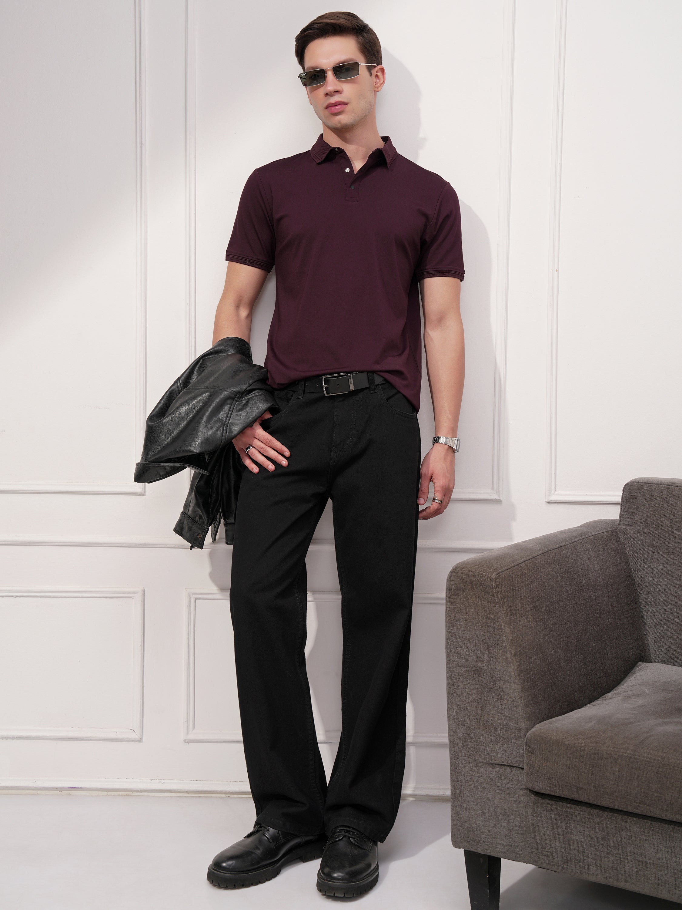 Highlander Men Maroon Solid Polo Collar T-Shirt - Maroon - Image 2