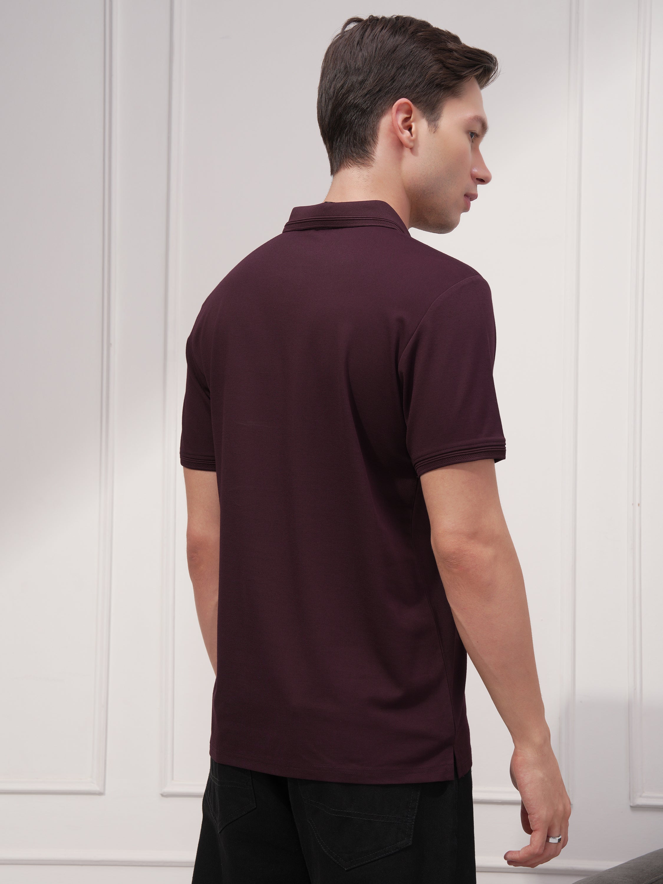 Highlander Men Maroon Solid Polo Collar T-Shirt - Maroon - Image 3