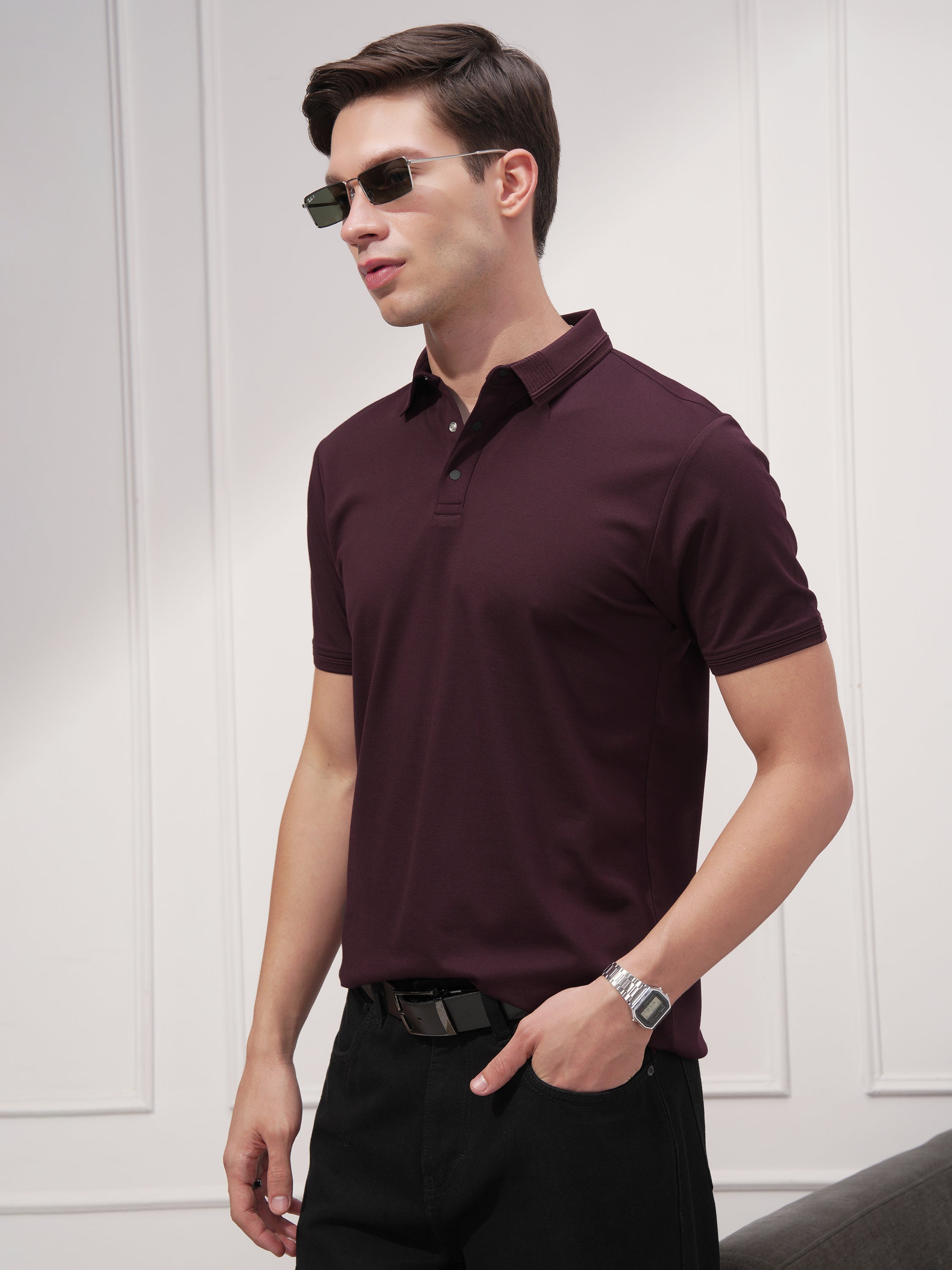 Highlander Men Maroon Solid Polo Collar T-Shirt - Maroon - Image 4