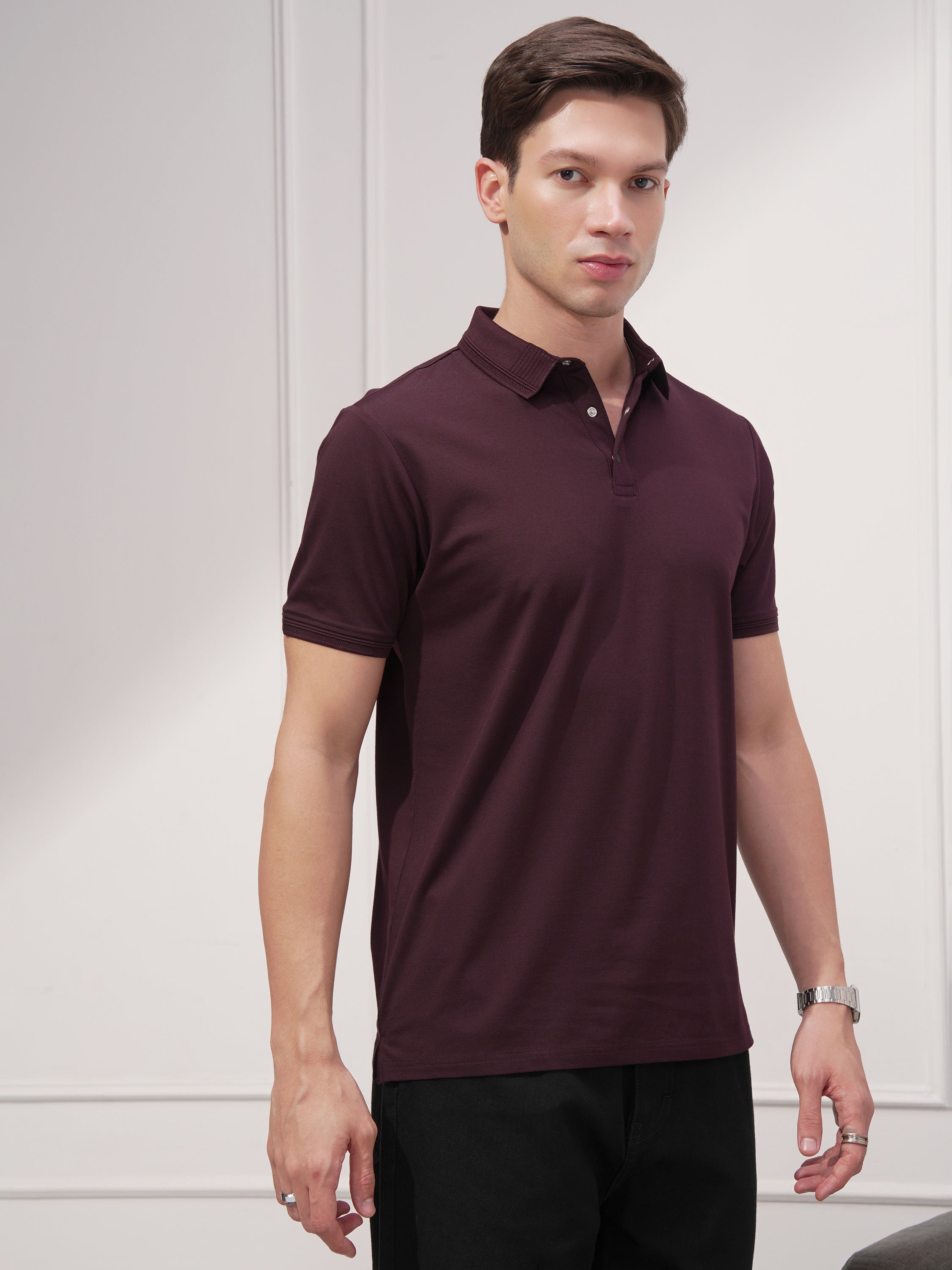 Highlander Men Maroon Solid Polo Collar T-Shirt - Maroon - Image 6