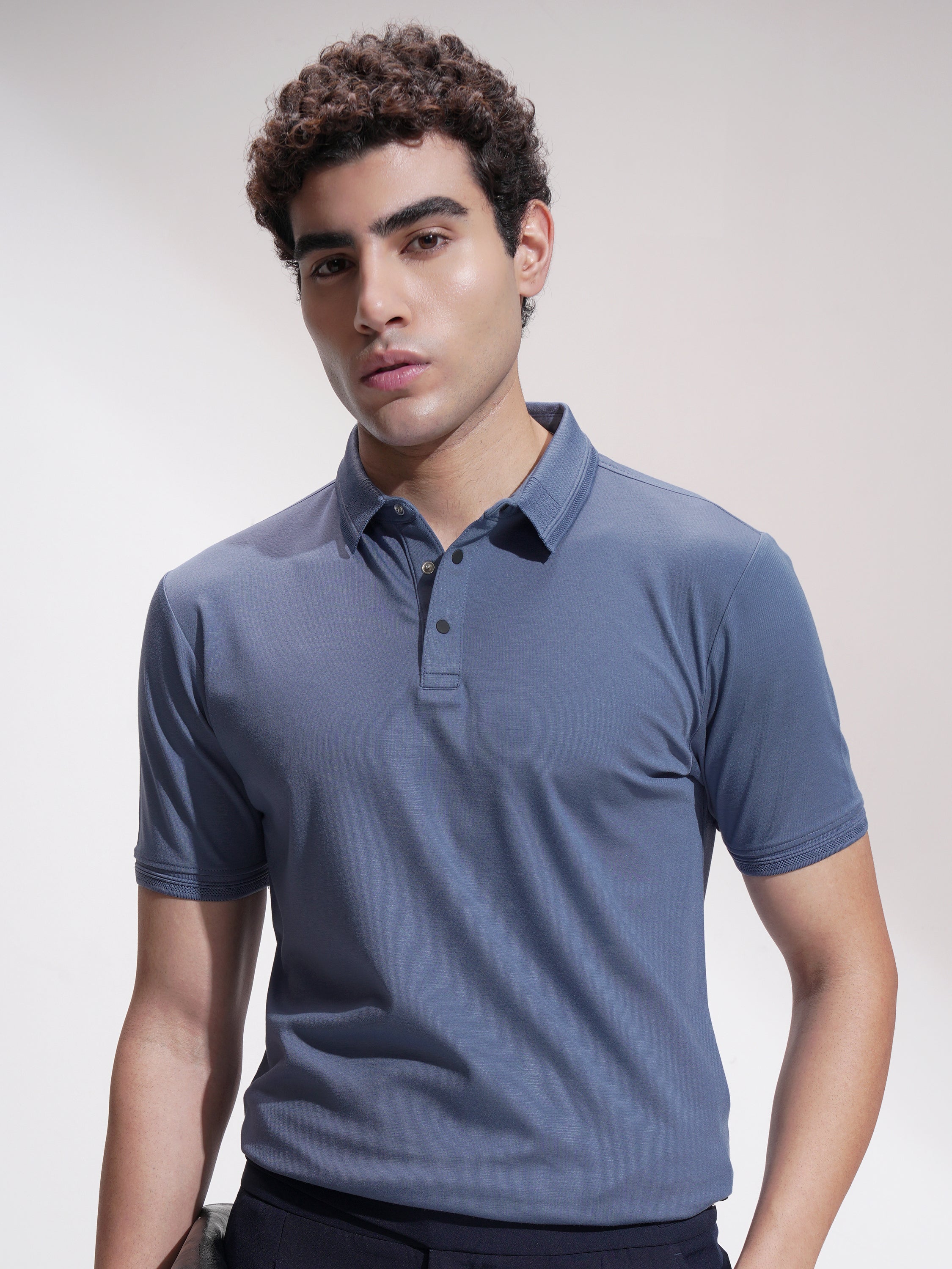Highlander Men Blue Solid Polo Collar T-Shirt - Blue - Image 1