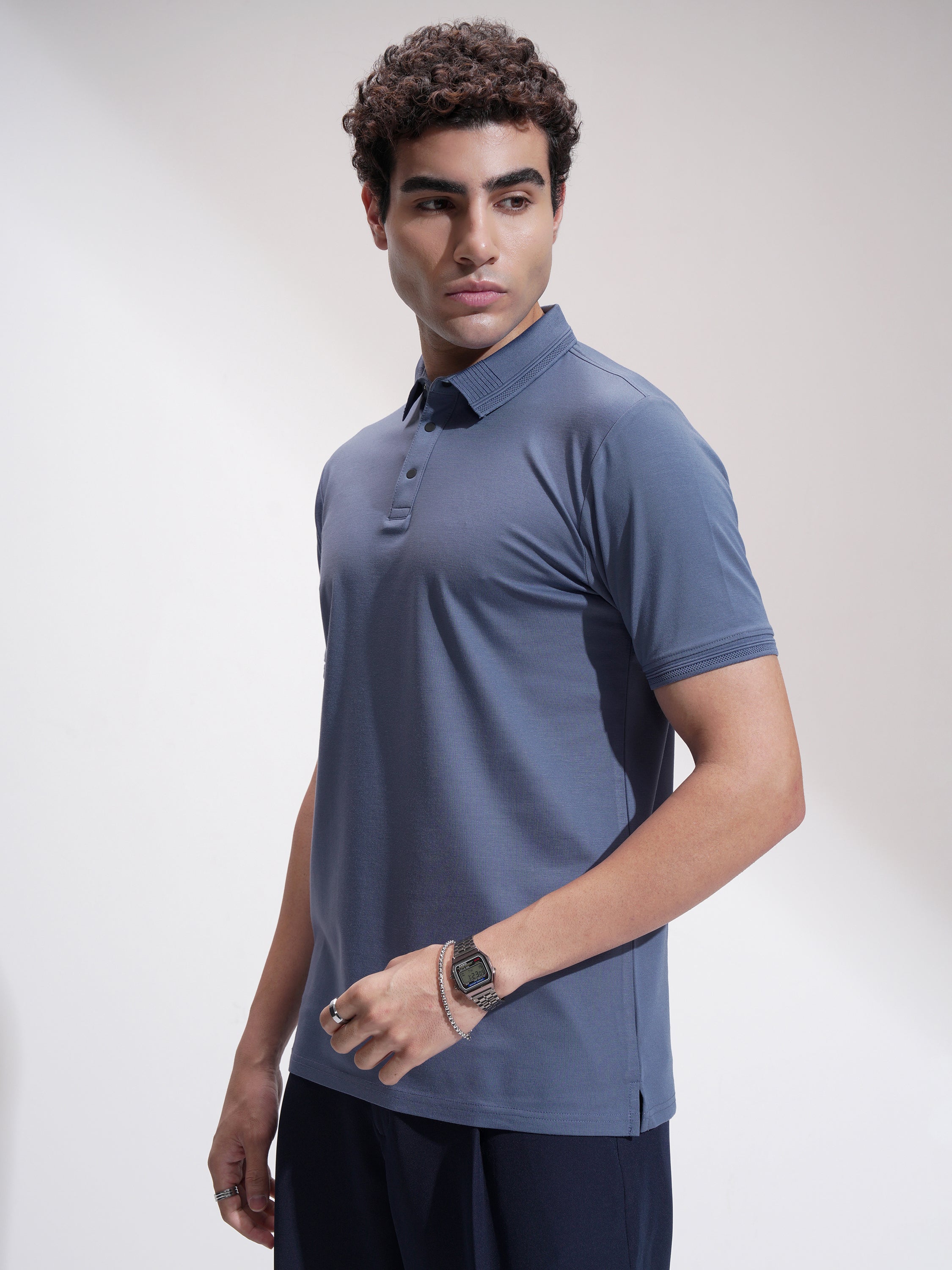 Highlander Men Blue Solid Polo Collar T-Shirt - Blue - Image 4