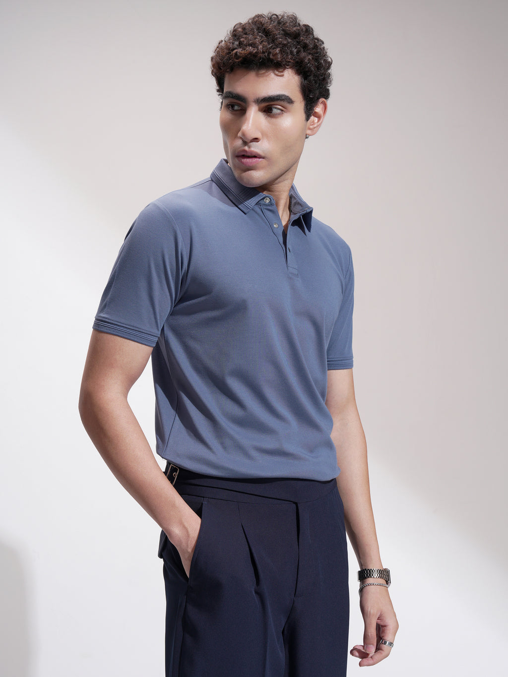Highlander Men Blue Solid Polo Collar T-Shirt - Blue - Image 6