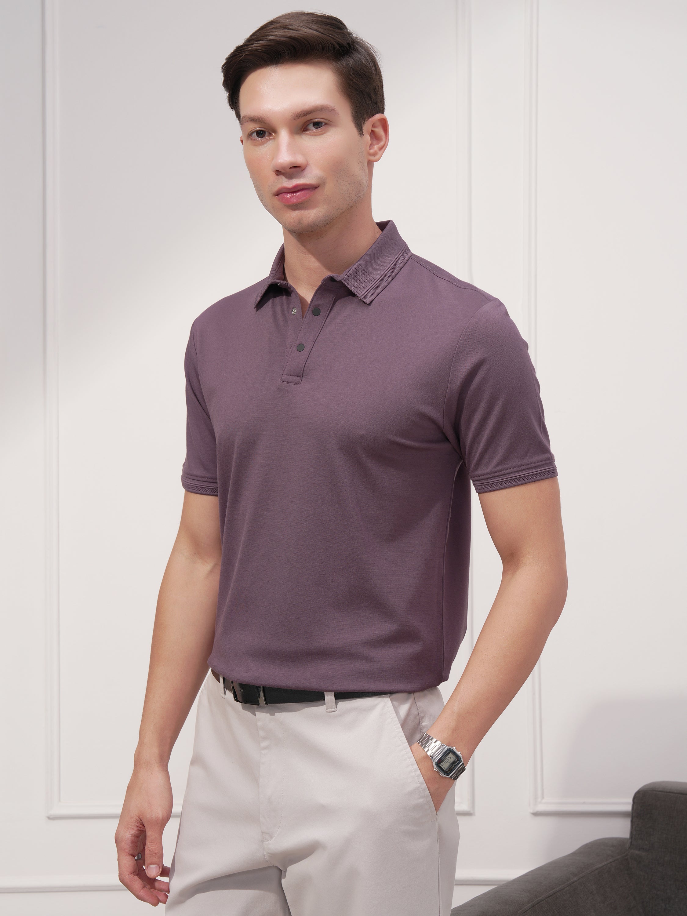 Highlander Men Purple Solid Polo Collar T-Shirt - Purple - Image 4