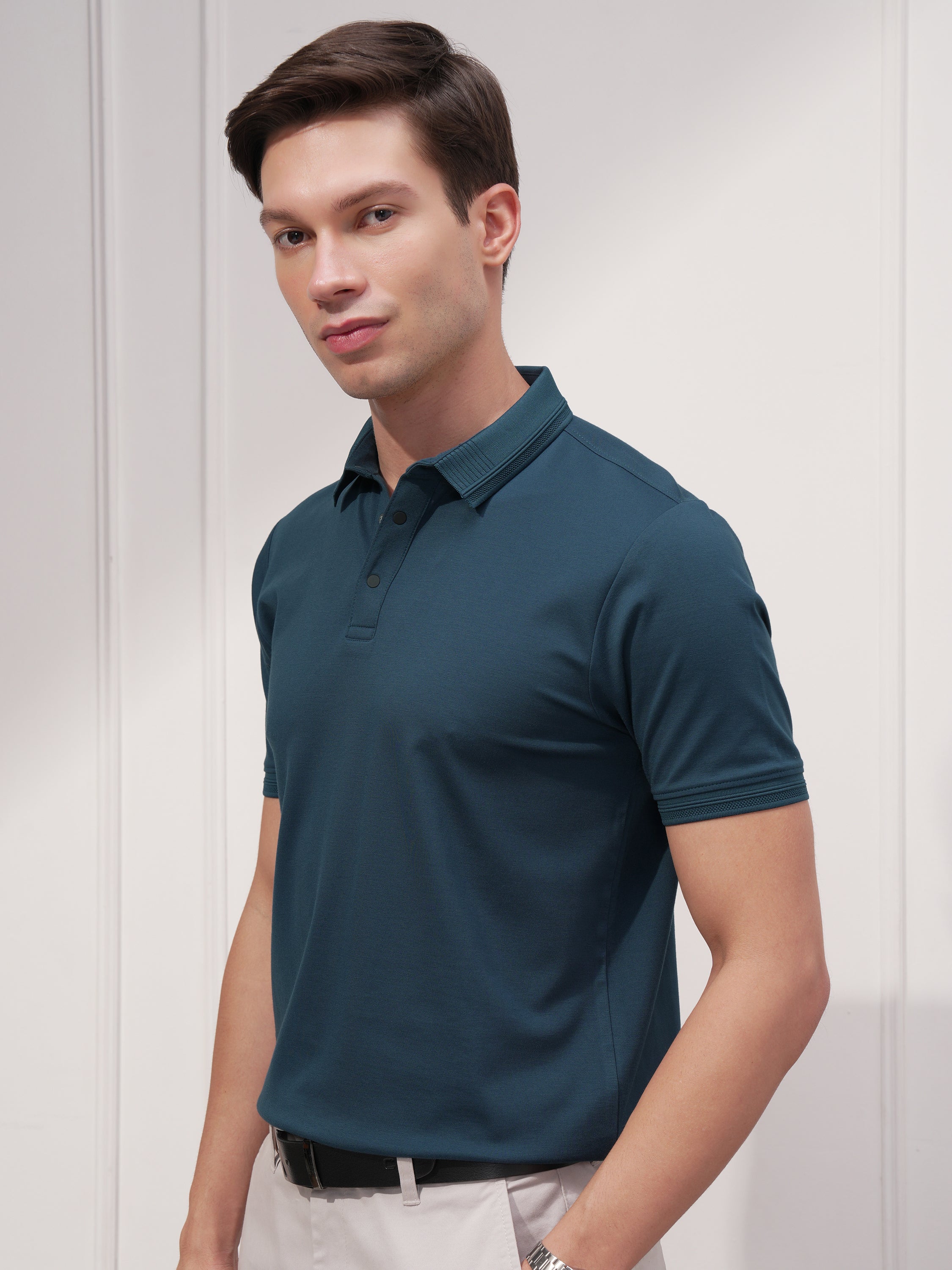 Highlander Men Teal Solid Polo Collar T-Shirt - Teal - Image 4